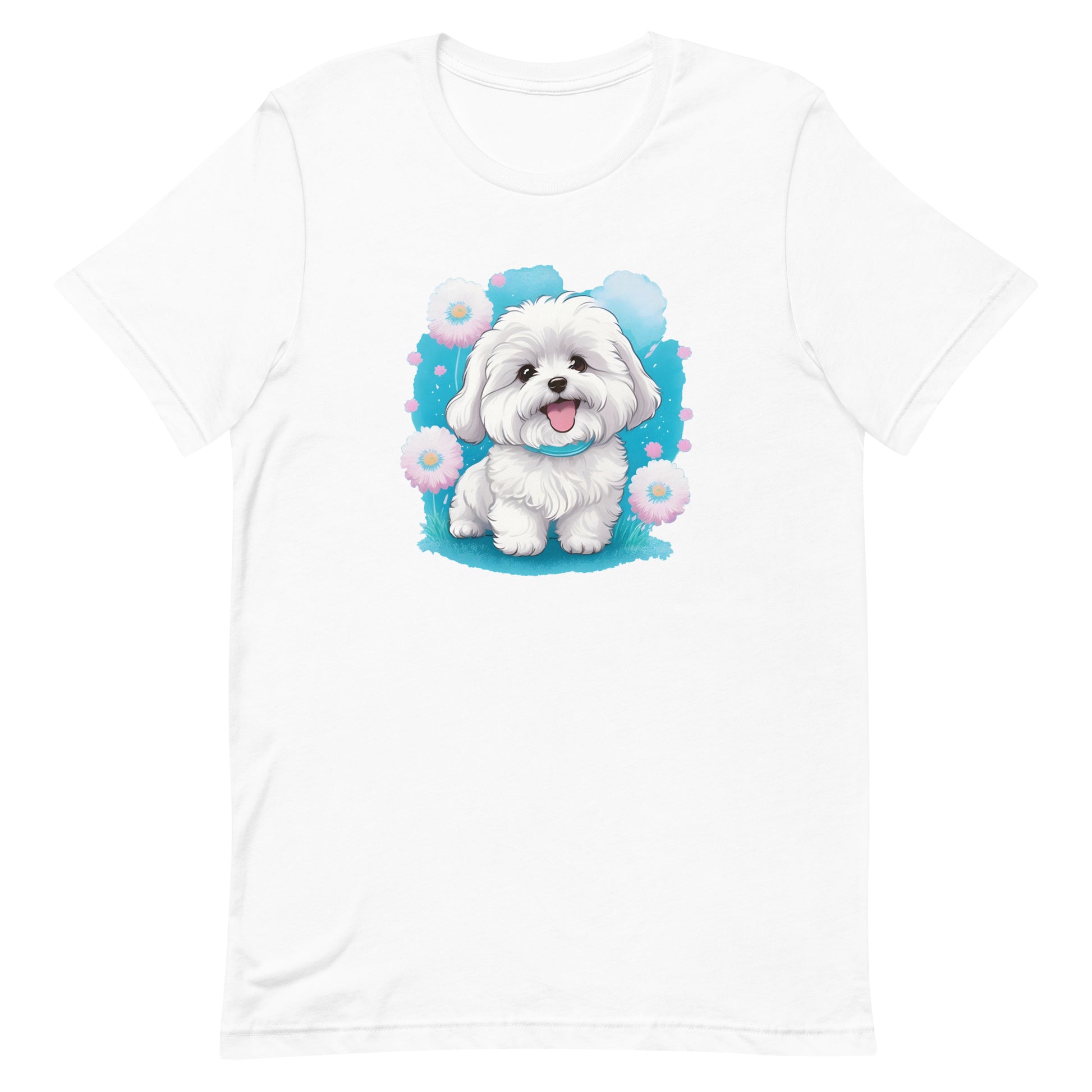 White cotton crew neck unisex short sleeve tshirt, on the apparel is a detailed kawaii illustration print of a lively cute adorable coton de tulear surrounded by floral arrangement in a wicker basket. The design brings a touch of color, warmth, and charm in pastel color palette to the shirt print.