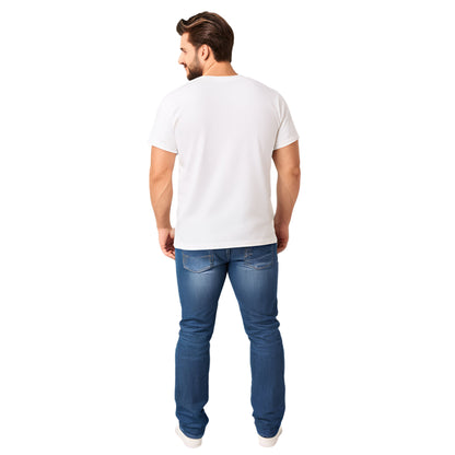 Back of white cotton crew neck short sleeved  t-shirt in unisex cut, plain with no graphic. Soft fabric and relaxed fit shown in rear view.