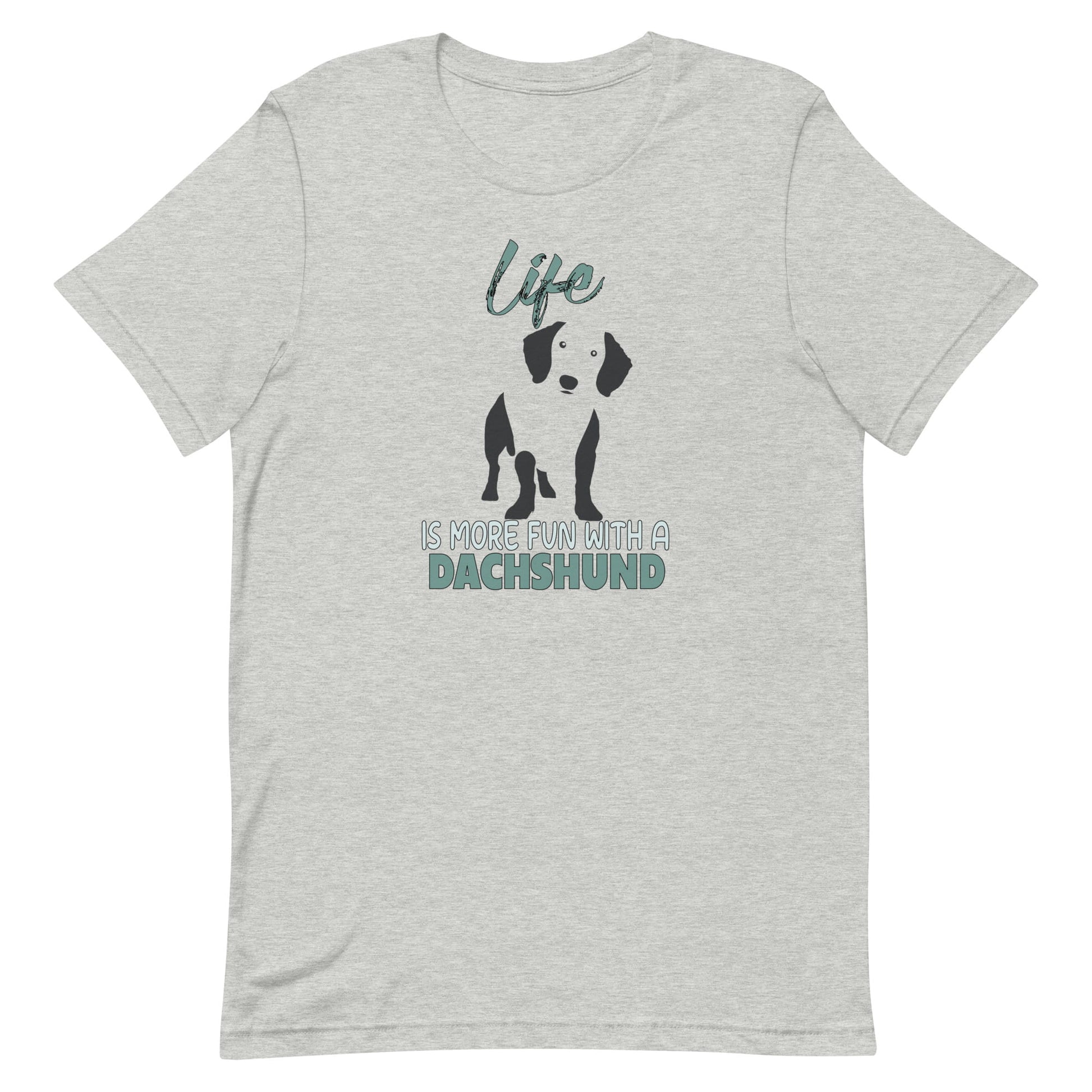 white unisex crew neck t-shirt is made from 100% soft cotton and features a playful Dachshund silhouette paired with the feel-good quote, “Life is more fun with a Dachshund