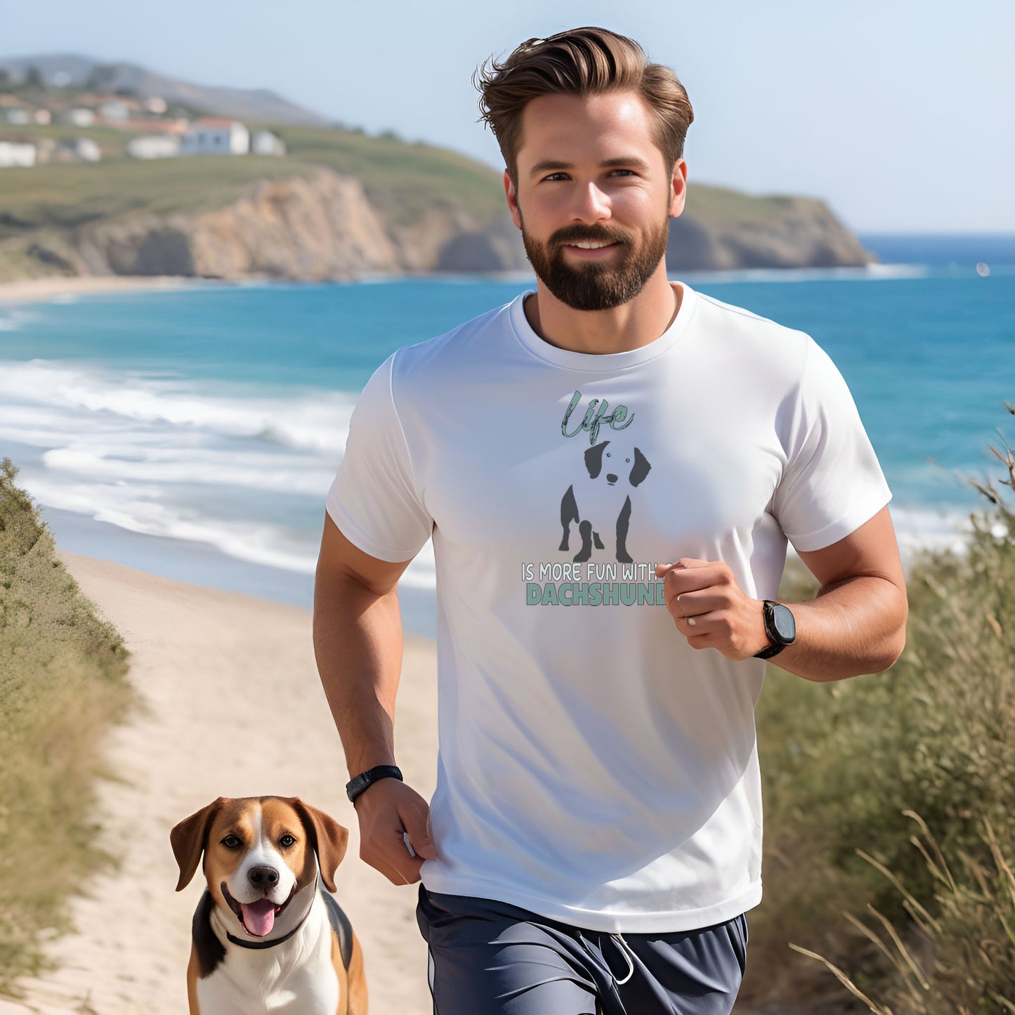 Man wearing white Dachshund quote t-shirt walks along sandy beach with his Dachshund. Relaxed, joyful pet lover lifestyle moment.