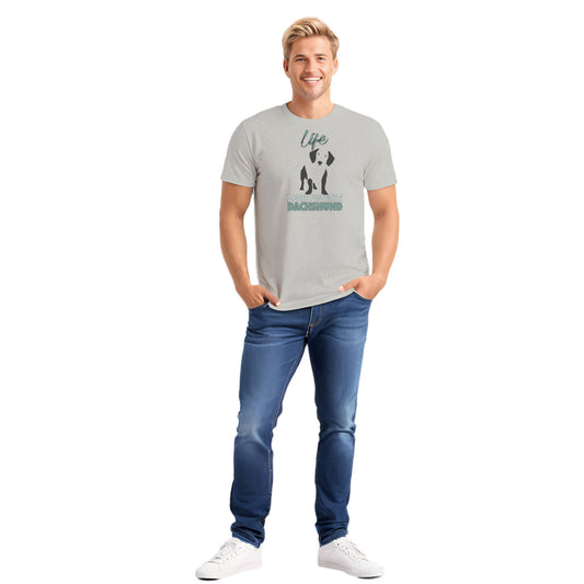 White unisex short sleeved cotton t-shirt worn by standing male model, showing Dachshund silhouette and “Life is more fun with a Dachshund” quote printed across the chest.