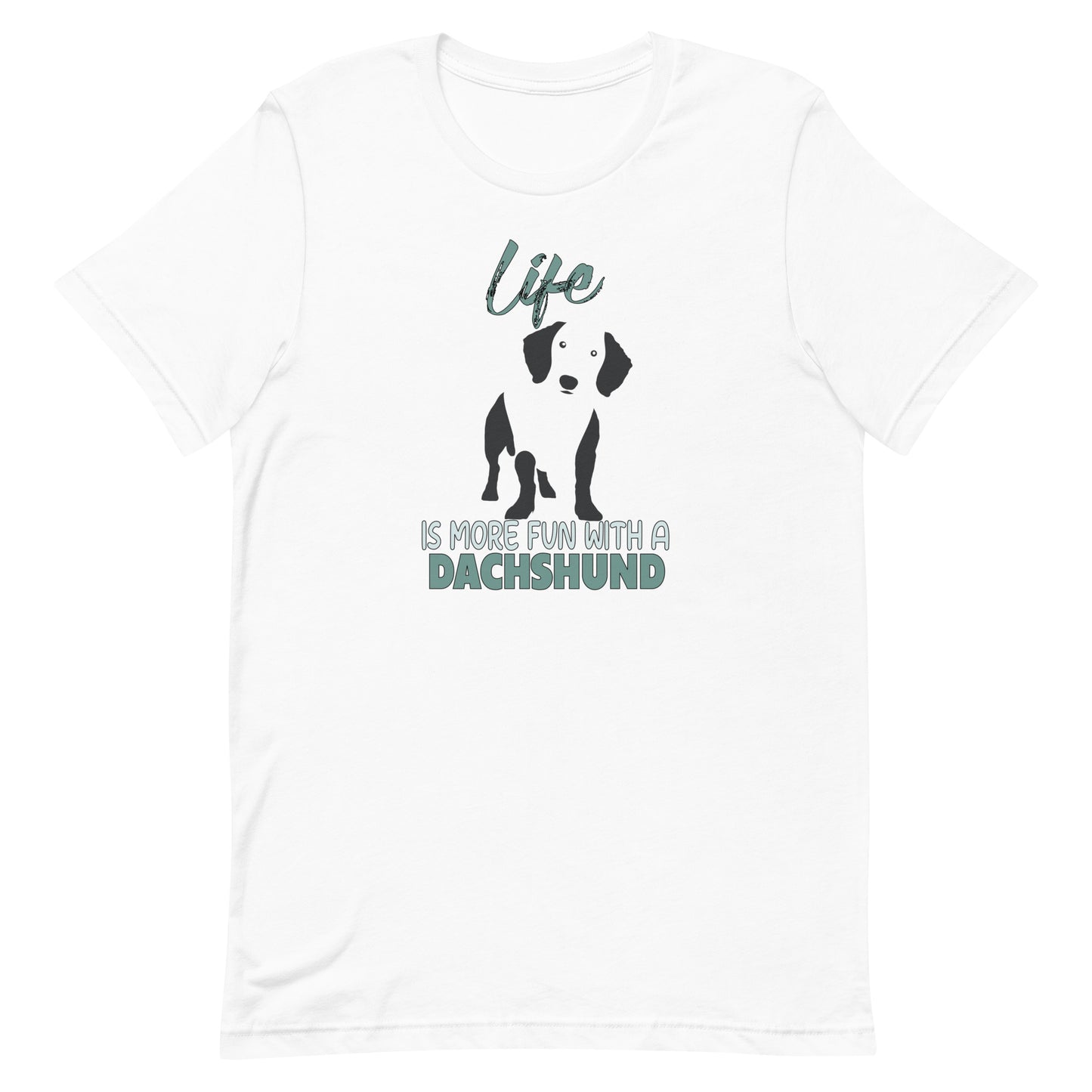 This white unisex crew neck t-shirt is made from 100% soft cotton and features a playful Dachshund silhouette paired with the feel-good quote, “Life is more fun with a Dachshund