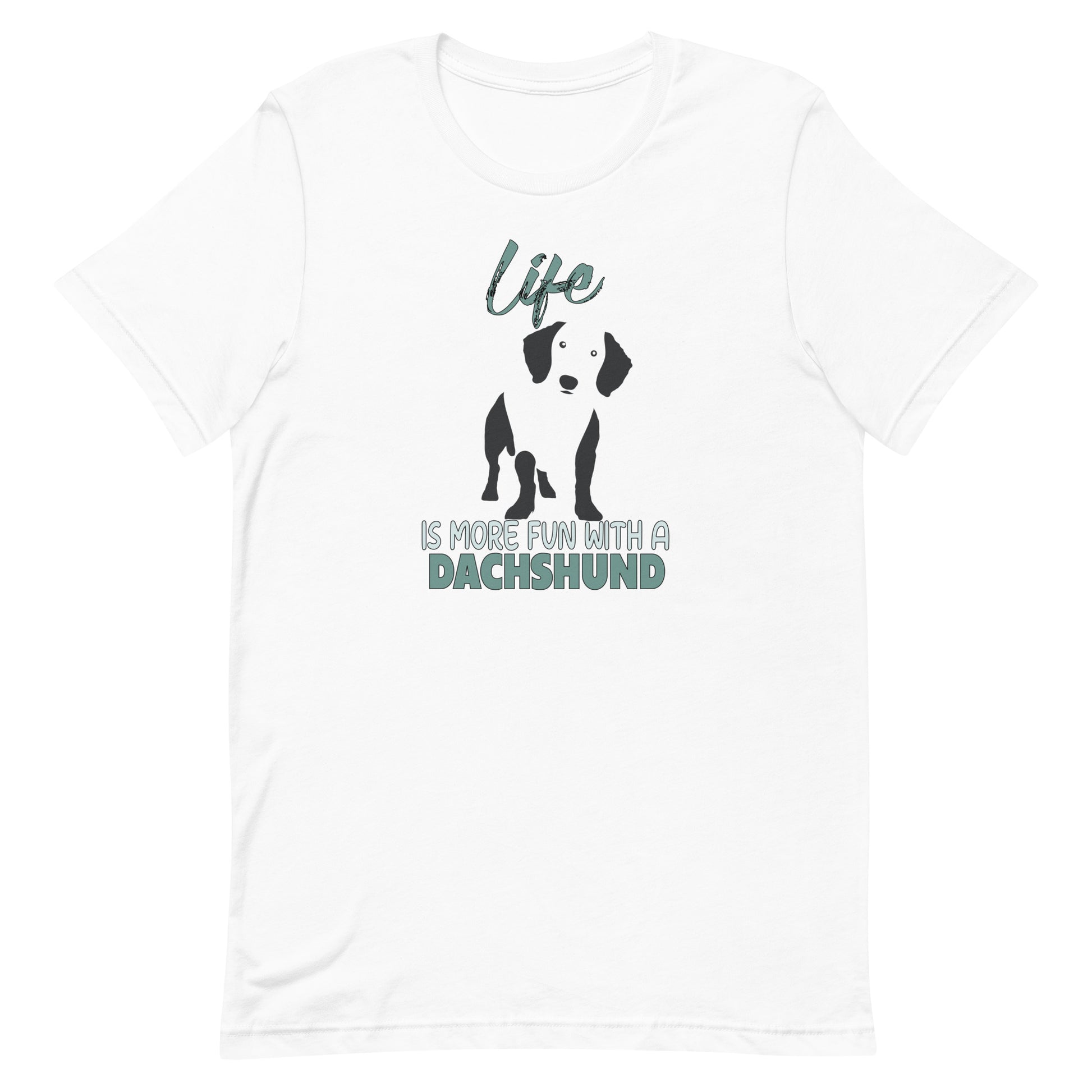 This white unisex crew neck t-shirt is made from 100% soft cotton and features a playful Dachshund silhouette paired with the feel-good quote, “Life is more fun with a Dachshund