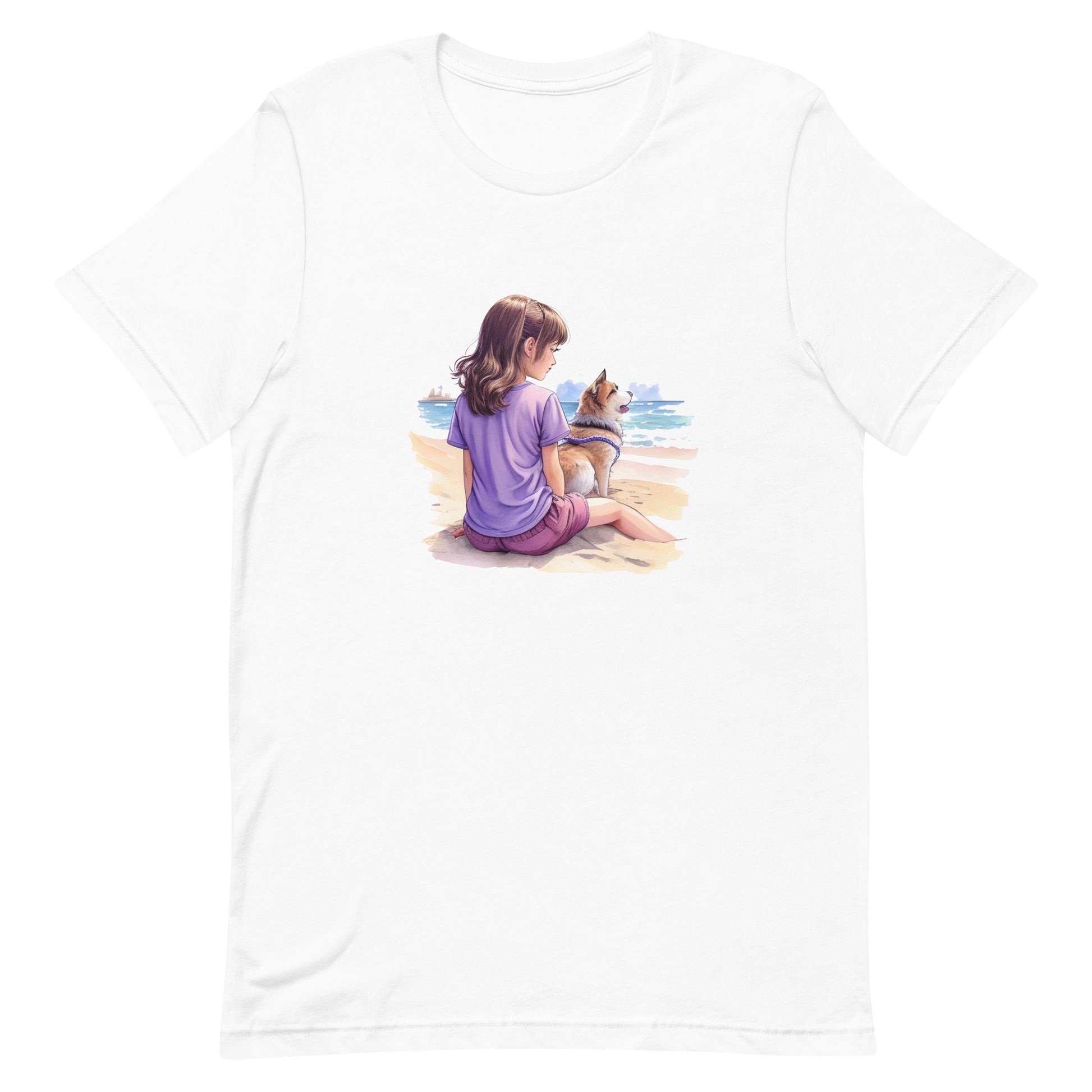 White crew neck short sleeved t-shirt, feature a lively puppy and girl duo splashed across your tee in vivid watercolor. 