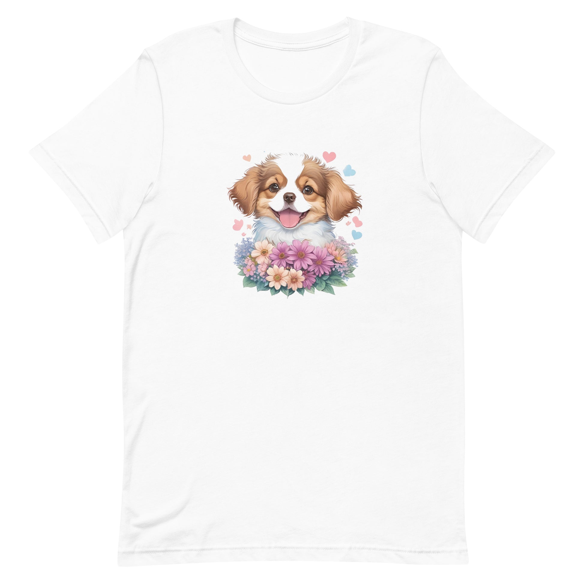 a spaniel australian shepherd dog with flowers around its neck on a white crew neck bella canvas t-shirt, a detailed drawing, furry art, made of flowers, digital illustration, detailed painting