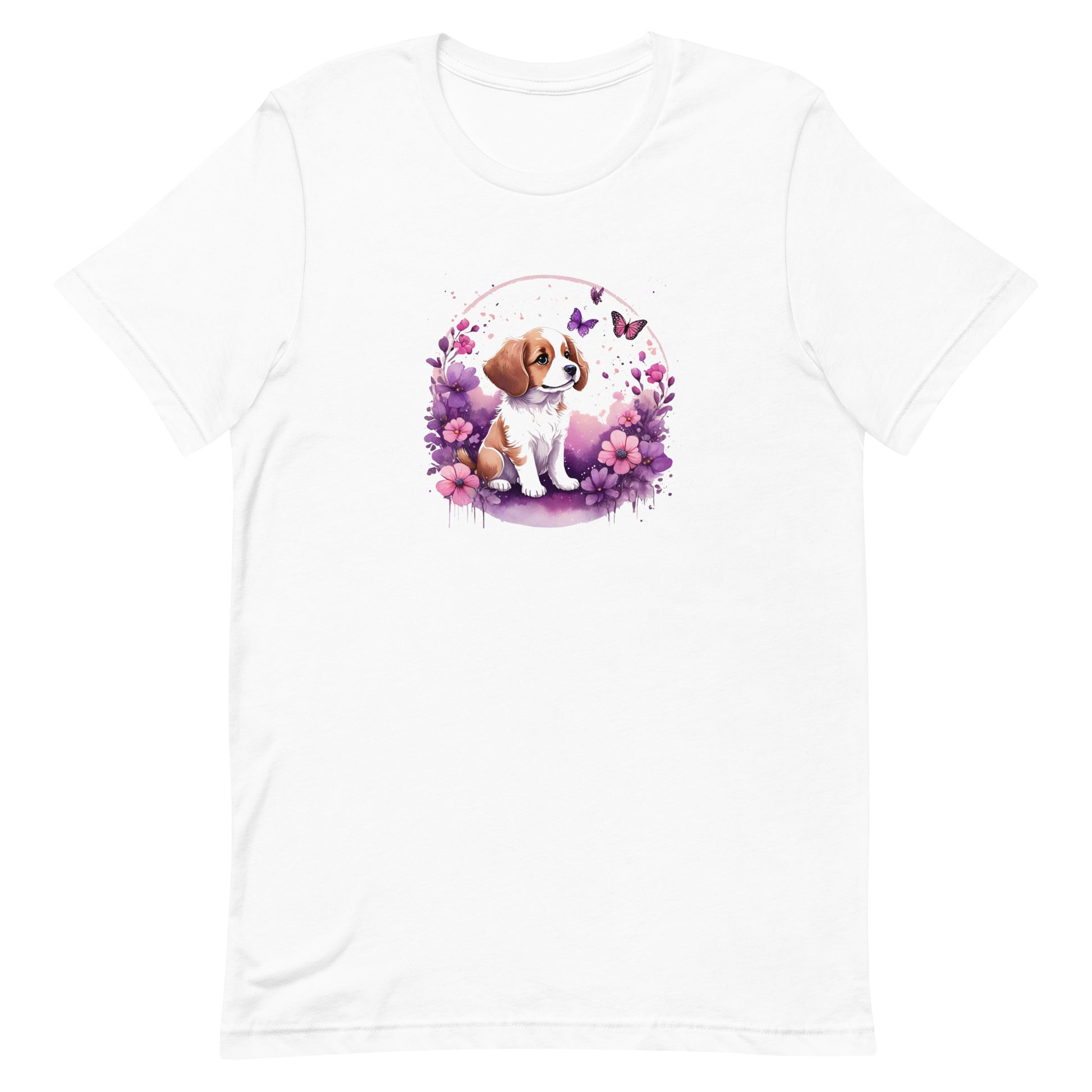 White crew neck short sleeved t-shirt, feature a playful pup amidst a whimsical floral fiesta.