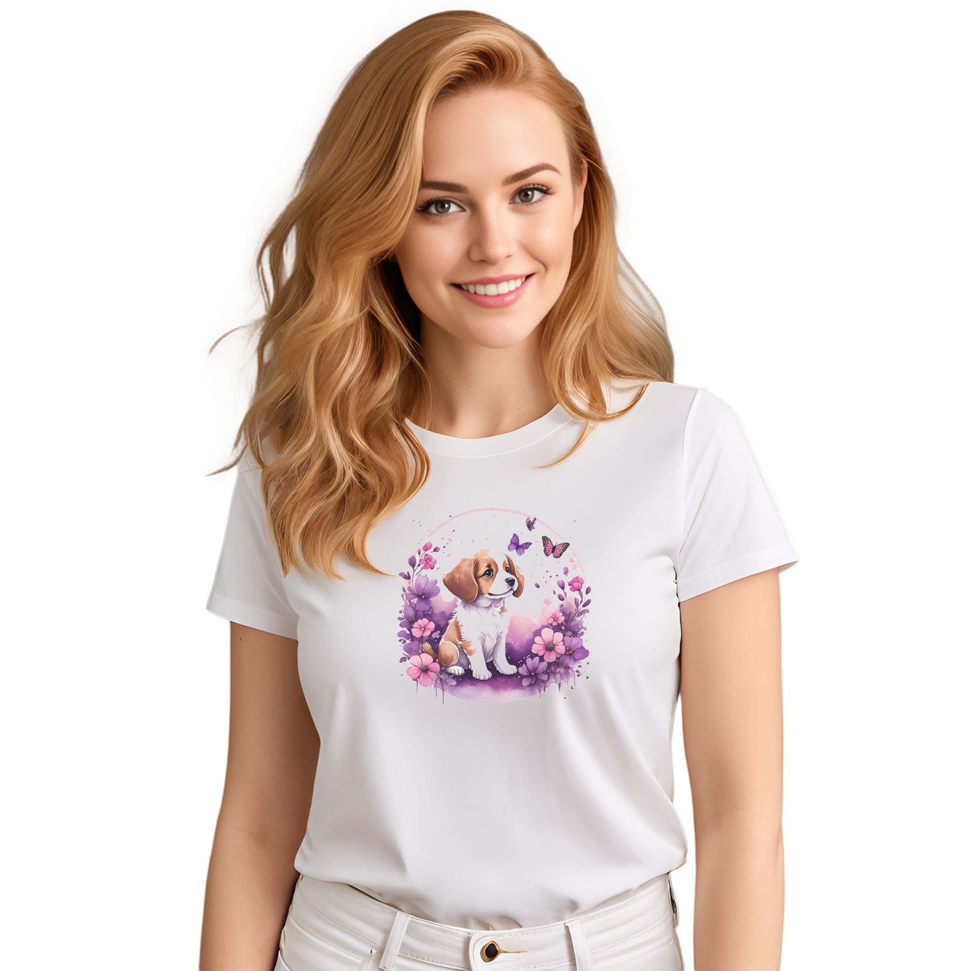 White crew neck short sleeved t-shirt, feature a playful pup amidst a whimsical floral fiesta.  Female model shown in close-up to highlight print and fit.