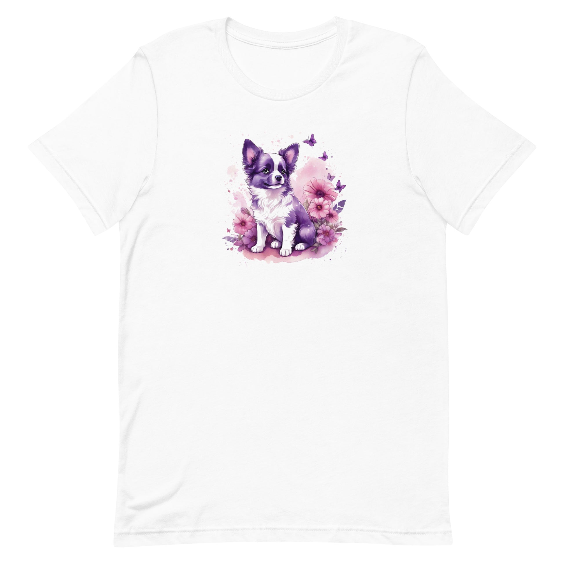 
White crew neck short sleeved t-shirt, features an adorable, lively puppy amidst a vibrant wicker basket brimming with floral splendor and playful butterflies.