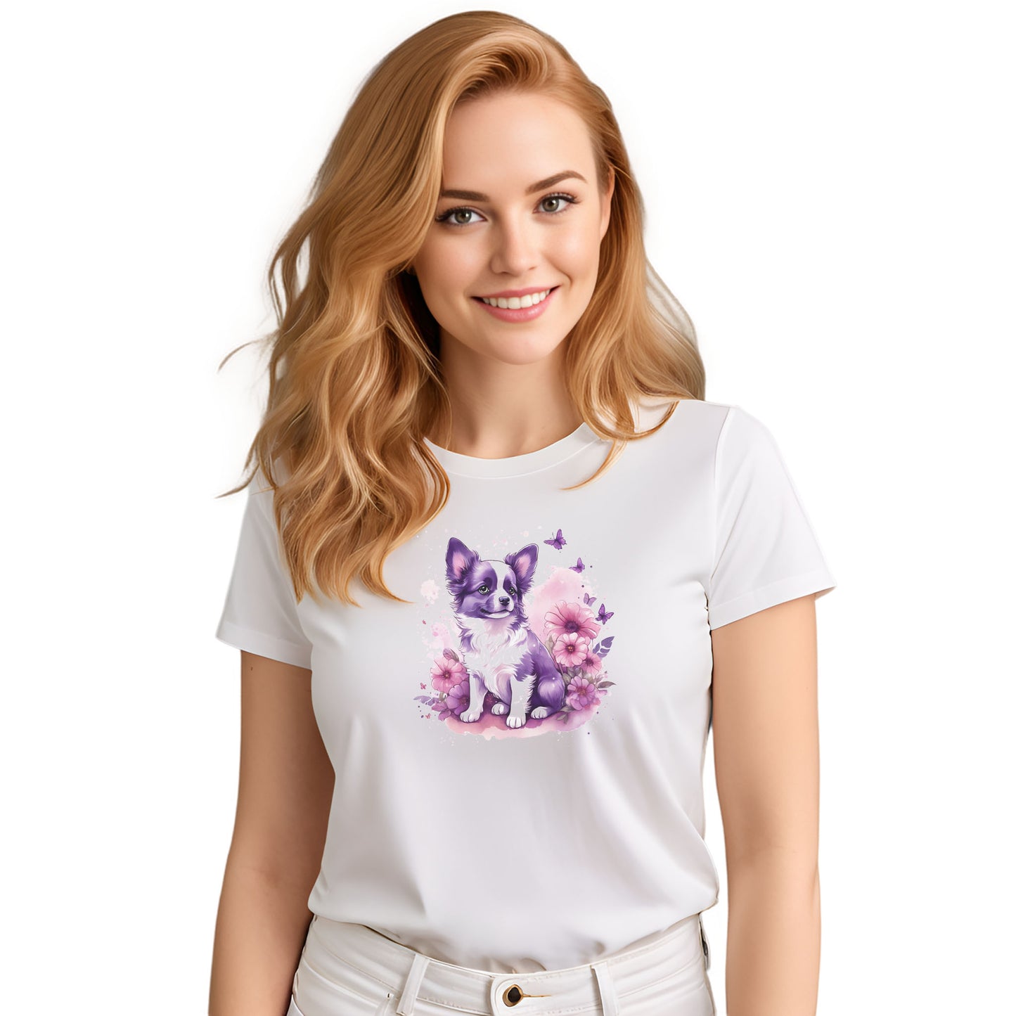 White crew neck short sleeved t-shirt, features an adorable, lively puppy amidst a vibrant wicker basket brimming with floral splendor and playful butterflies. Female model shown in close-up to highlight print and fit.