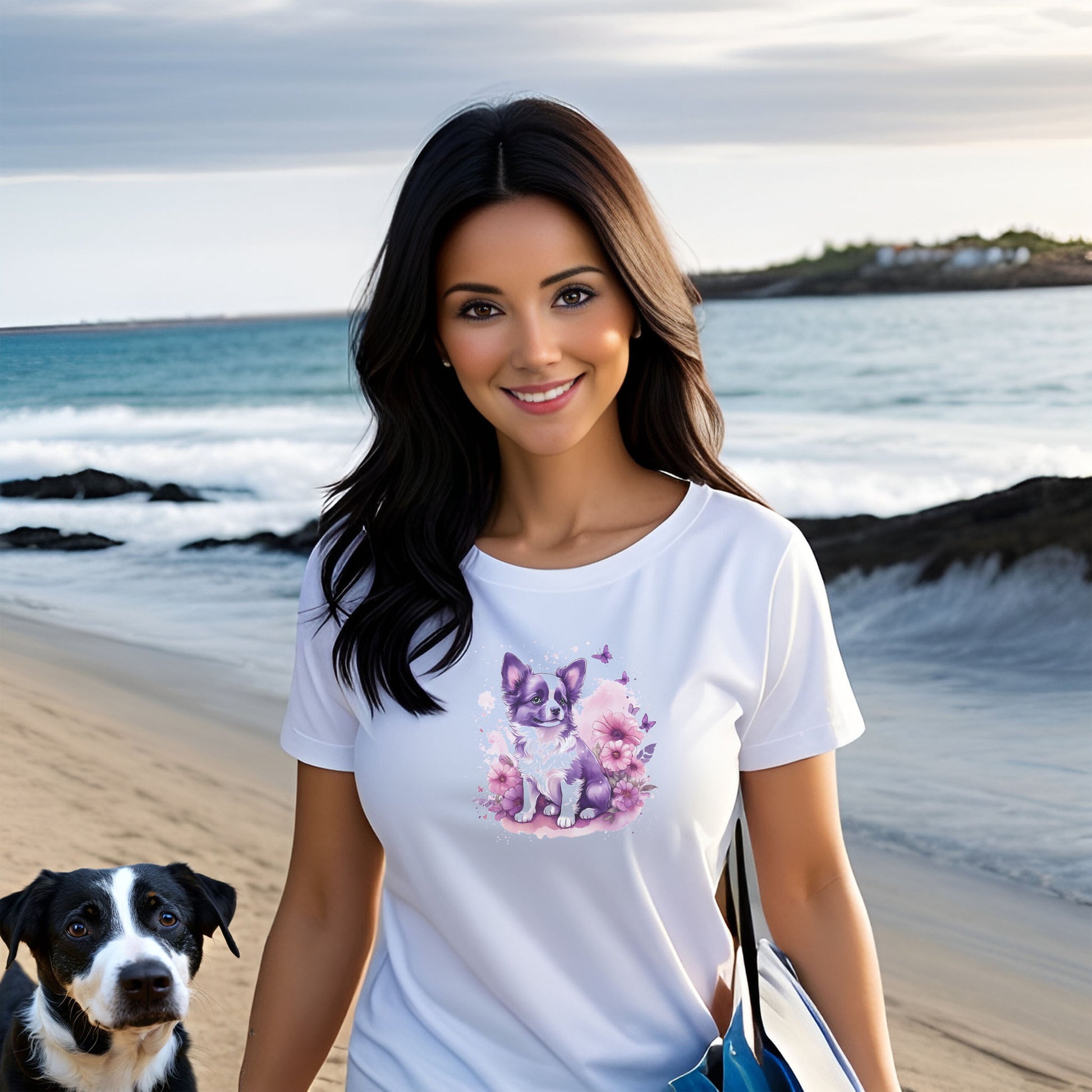 Women walking at a beach, with a dog. She wearing a white crew neck short sleeved t-shirt, features an adorable, lively puppy amidst a vibrant wicker basket brimming with floral splendor and playful butterflies.