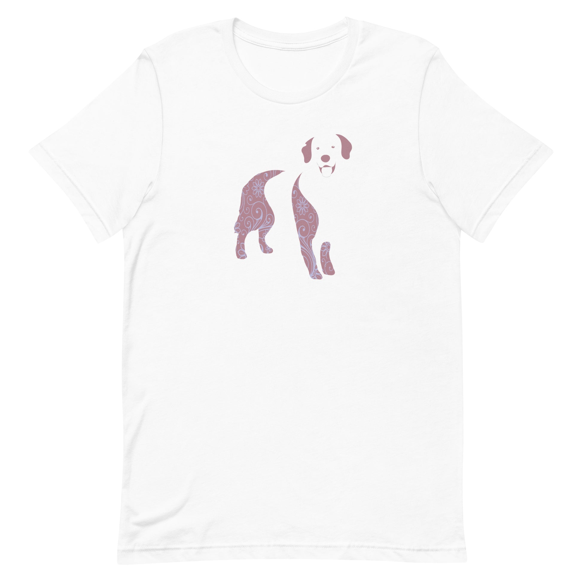 White crew neck short sleeved t-shirt, feature a Golden Retriever silhouette with floral and swirl pattern design in vibrant colors. 