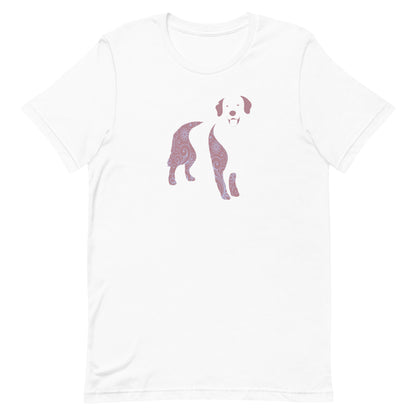 White crew neck short sleeved t-shirt, feature a Golden Retriever silhouette with floral and swirl pattern design in vibrant colors. 