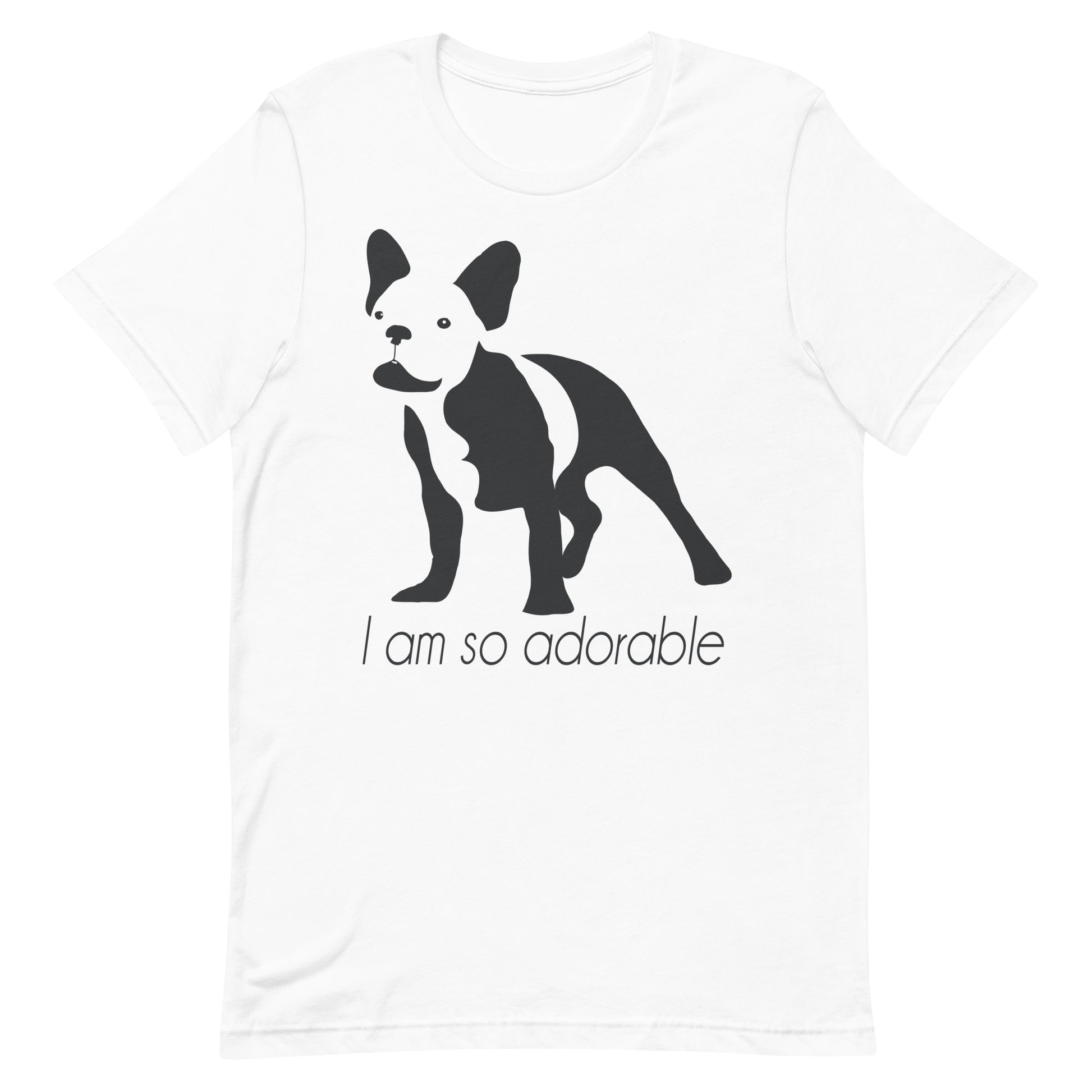 White crew neck short sleeved t-shirt, featuring a one-line graphic print of a hand-drawn French Bulldog with its tongue out, and the playful text "I am so adorable”.