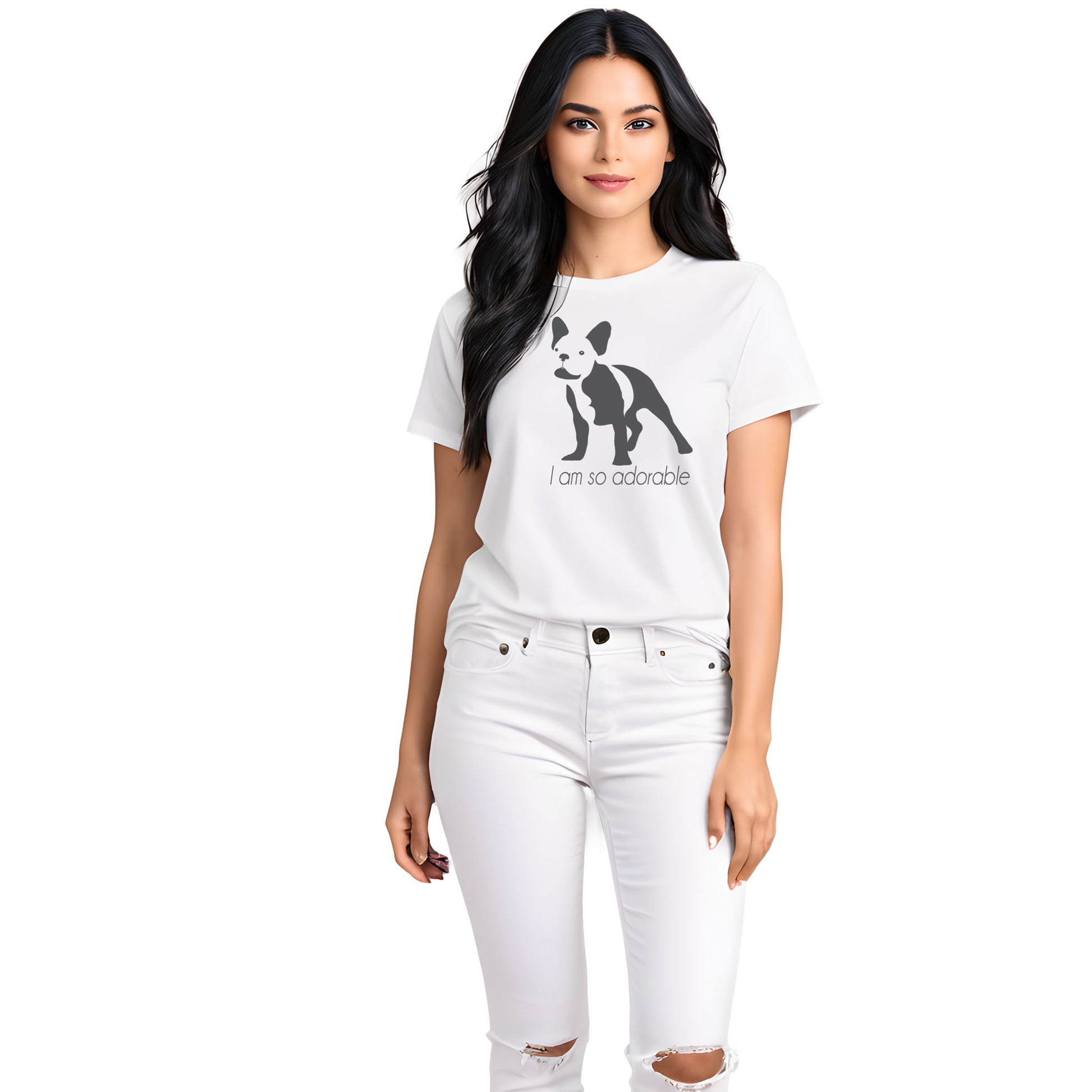 White crew neck short sleeved t-shirt, featuring a one-line graphic print of a hand-drawn French Bulldog with its tongue out, and the playful text "I am so adorable”. Female model shown in close-up to highlight print and fit.