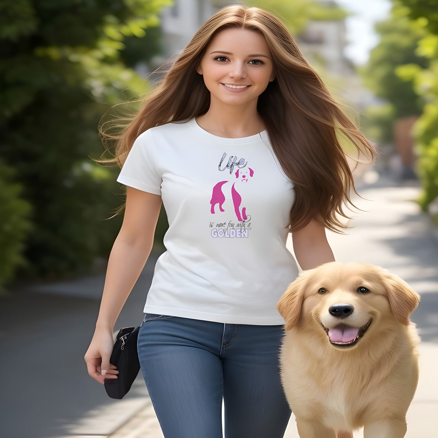 Young women smiling walking with a happy tongue out Golden retriever. she is wearing a white crew neck short sleeved t-shirt. Featuring an adorable Golden Retriever silhouette in cute pink, the tee also boasts a bold "Life" message and empowering "is more fun with a Golden" phrase.