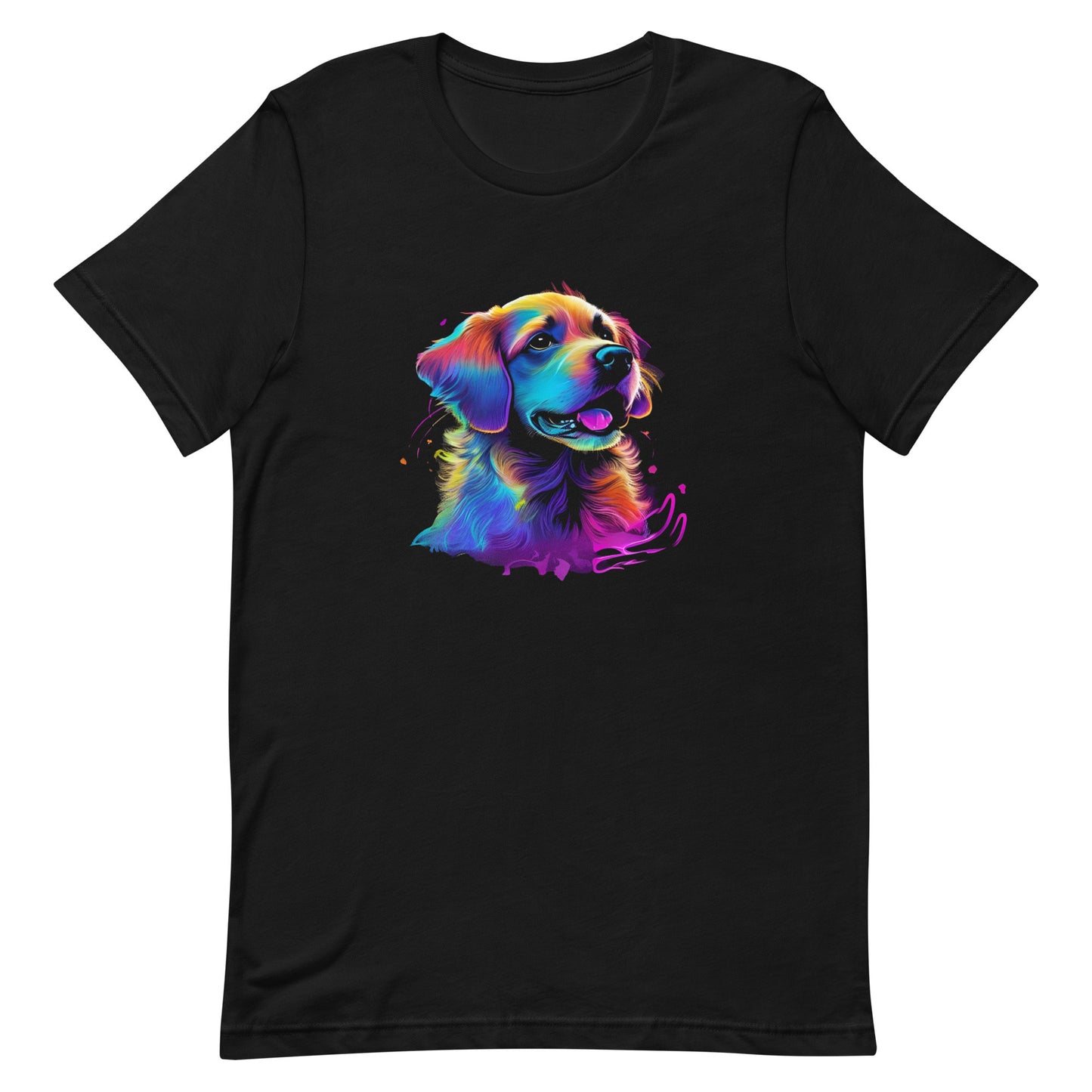 Black unisex crew neck short sleeved t-shirt, hand drawn vibrant artistry of a cheerful Golden Retriever dog face in splashed neon colors. 