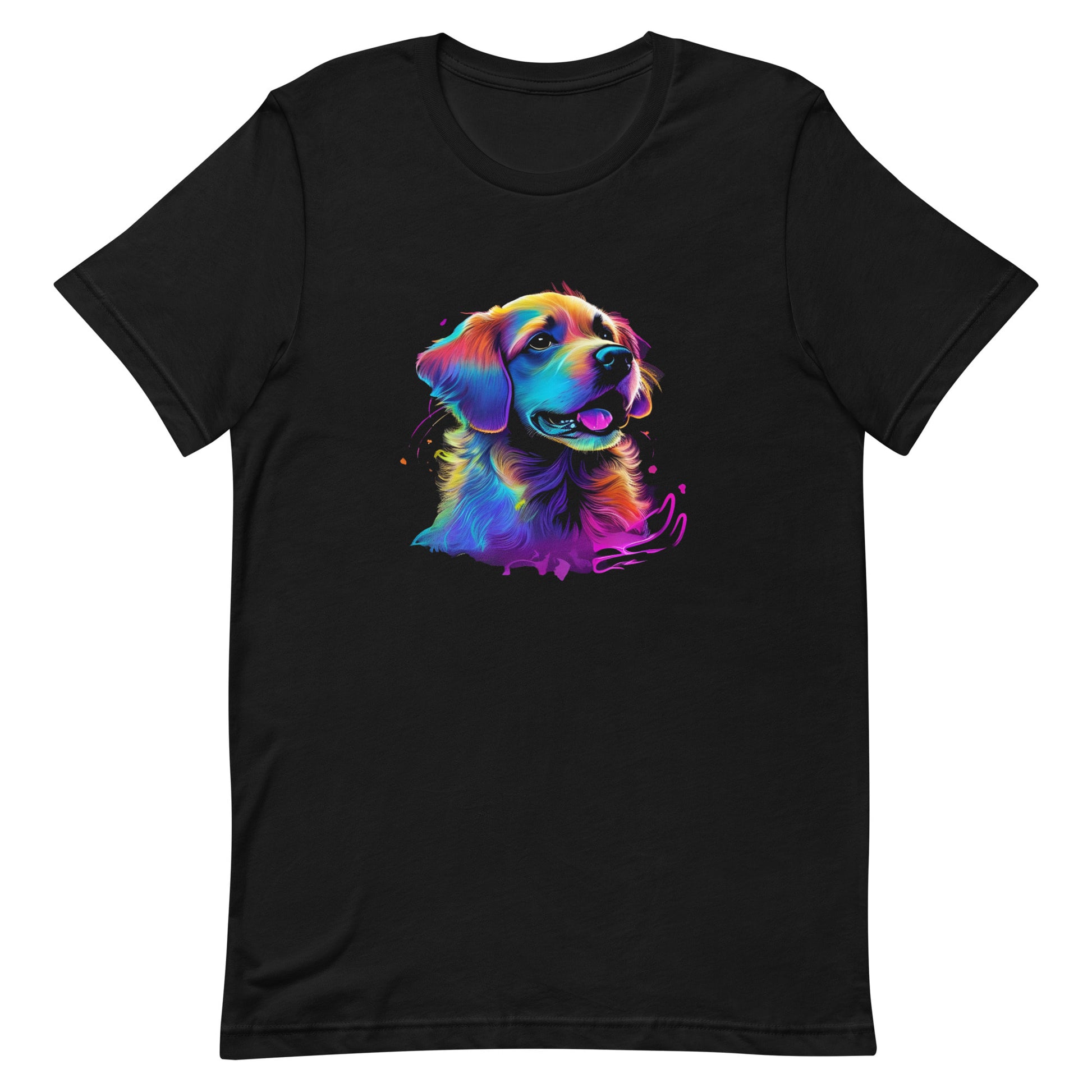 Black unisex crew neck short sleeved t-shirt, hand drawn vibrant artistry of a cheerful Golden Retriever dog face in splashed neon colors. 