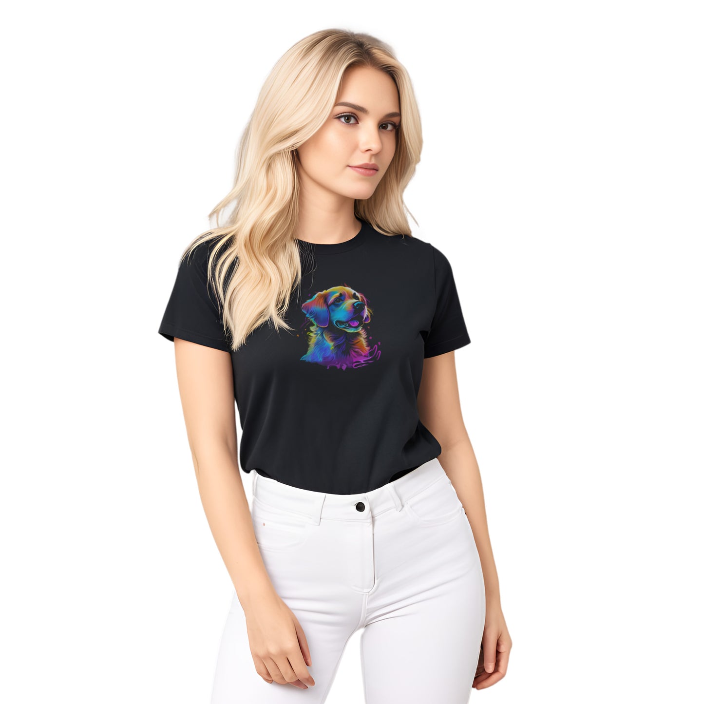 Black unisex crew neck short sleeved t-shirt, hand drawn vibrant artistry of a cheerful Golden Retriever dog face in splashed neon colors. female model shown in close-up to highlight print and fit.