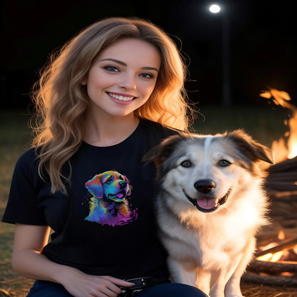 Women sitting at a fireplace, with a dog. she is wearing a Black unisex crew neck short sleeved t-shirt, hand drawn vibrant artistry of a cheerful Golden Retriever dog face in splashed neon colors. 