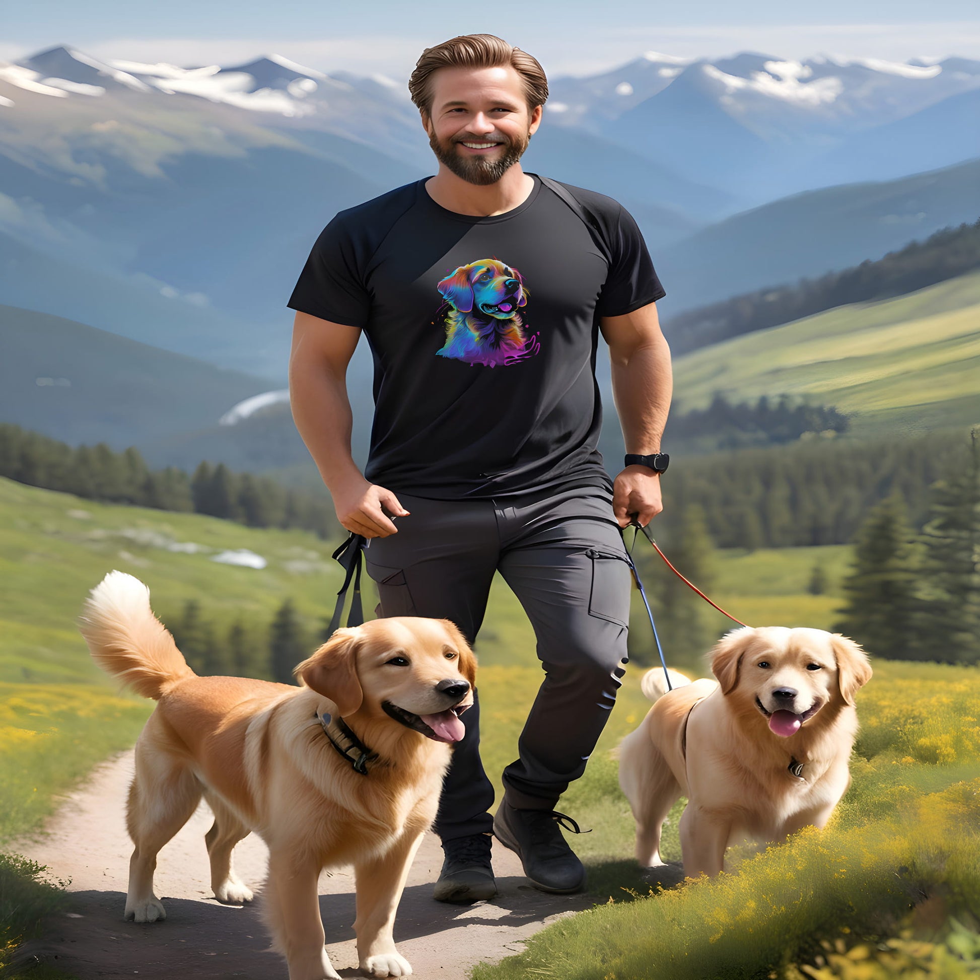 Man walking in the mountains, with two dogs. He is wearing a Black unisex crew neck short sleeved t-shirt, hand drawn vibrant artistry of a cheerful Golden Retriever dog face in splashed neon colors.