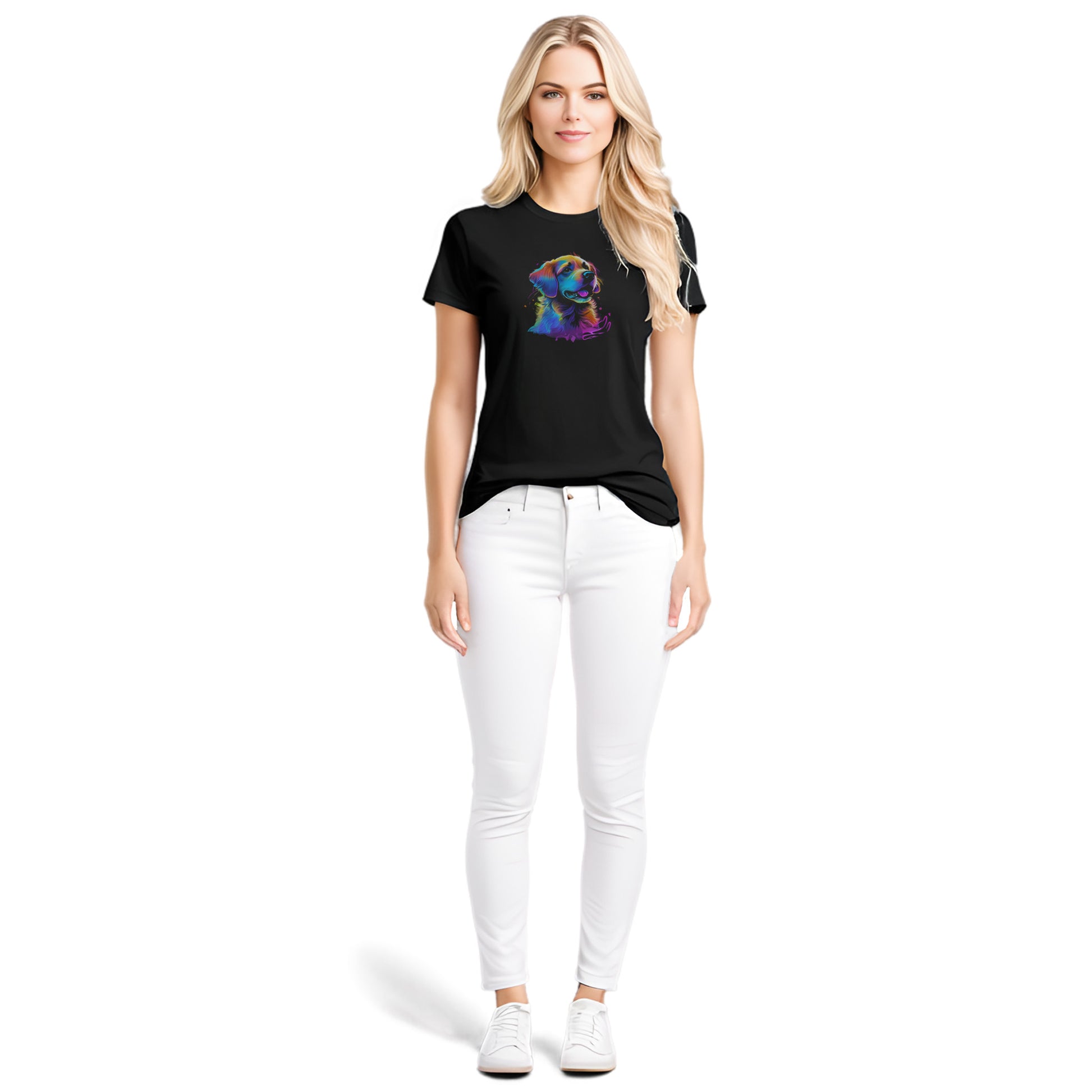 Black unisex crew neck short sleeved t-shirt, hand drawn vibrant artistry of a cheerful Golden Retriever dog face in splashed neon colors. Female model shown in close-up to highlight print and fit.