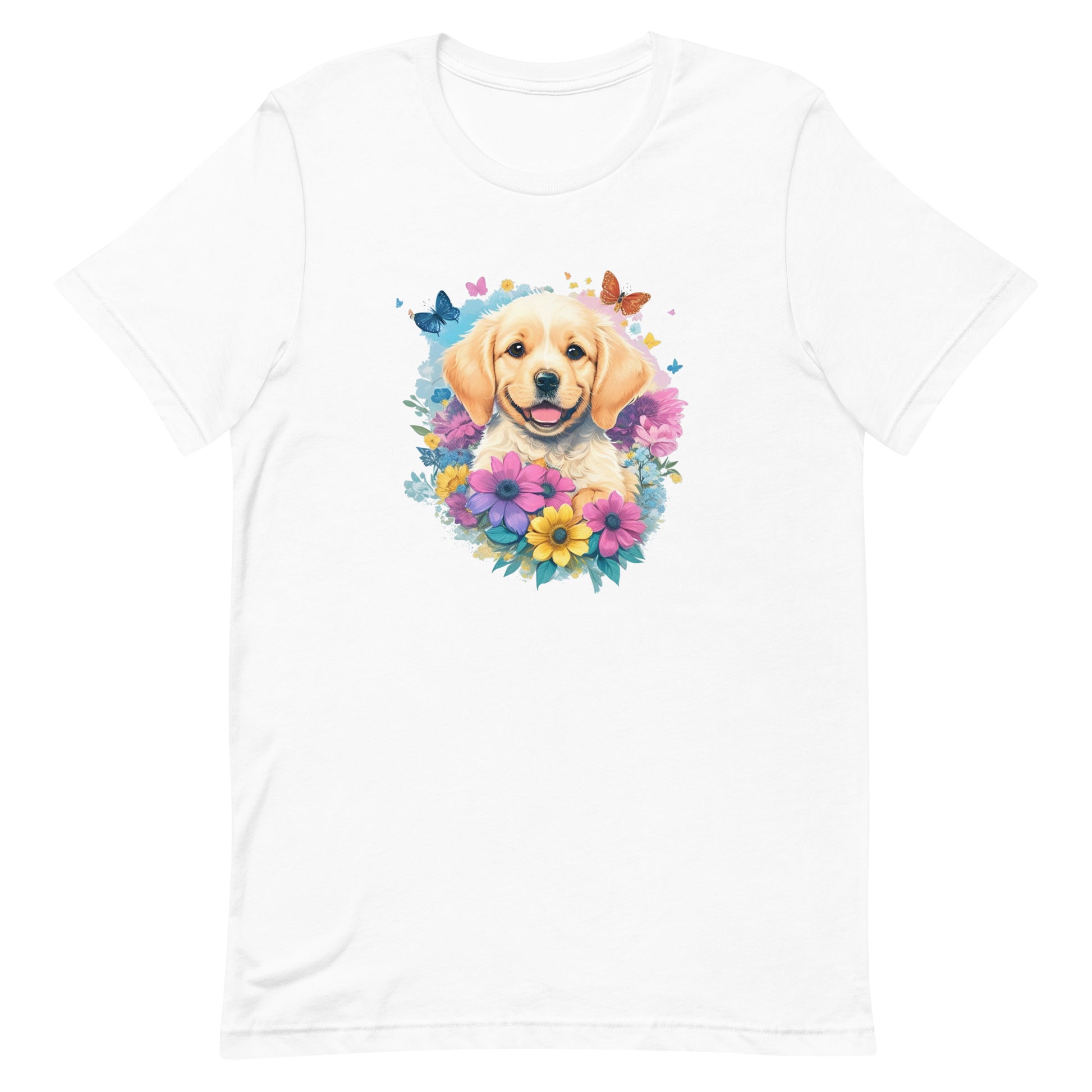 White crew neck short sleeved t-shirt, feature a happy Golden Retriever puppy dog face, surrounded by a floral symphony within a wicker basket.
