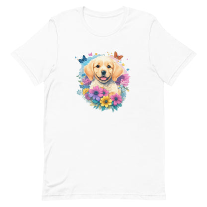 White crew neck short sleeved t-shirt, feature a happy Golden Retriever puppy dog face, surrounded by a floral symphony within a wicker basket.