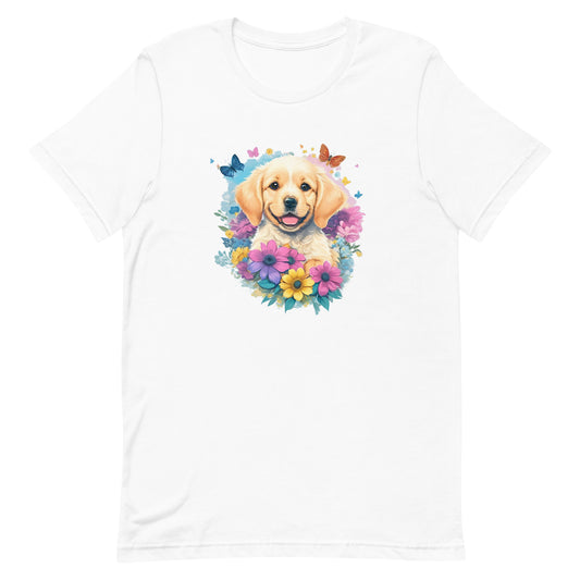 White crew neck short sleeved t-shirt, feature a happy Golden Retriever puppy dog face, surrounded by a floral symphony within a wicker basket.