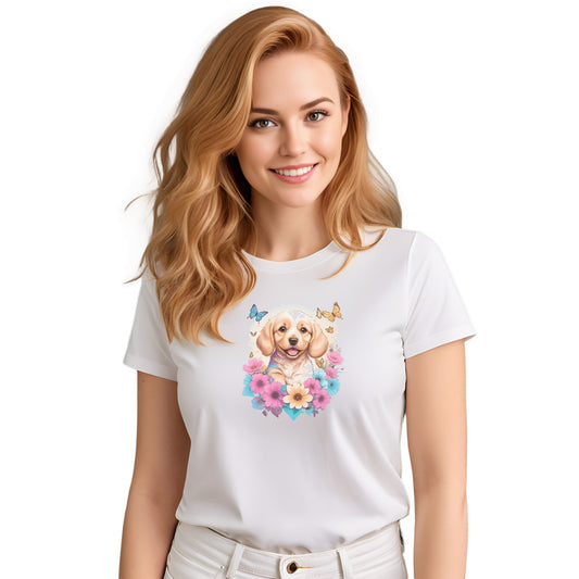 White crew neck short sleeved t-shirt, feature a happy Golden Retriever puppy dog face, surrounded by a floral symphony within a wicker basket. Female model shown in close-up to highlight print and fit.