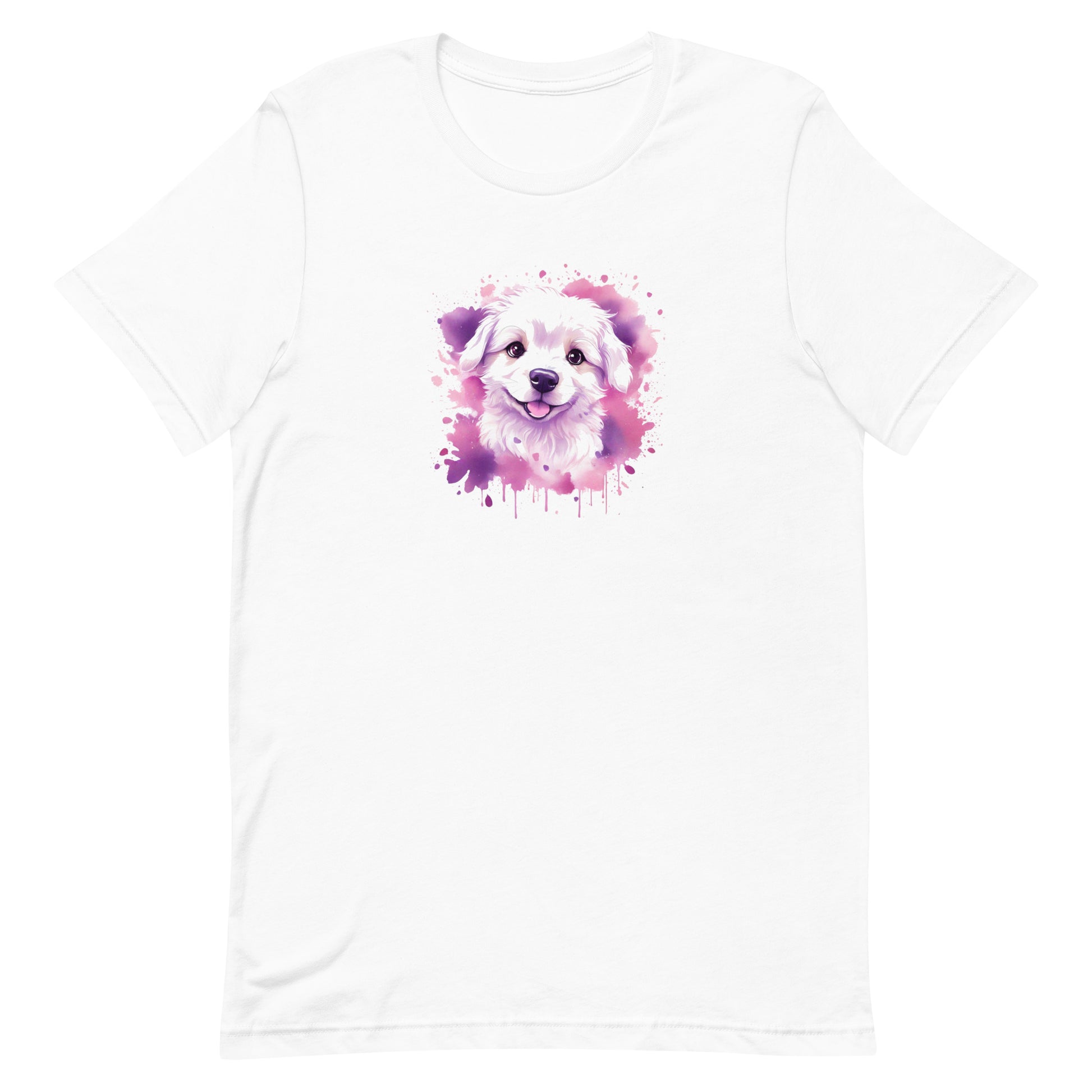 White crew neck short sleeved t-shirt. Featuring an enchanting Maltese puppy amidst a tapestry of splash artistry in vibrant pink and purple toned colors.