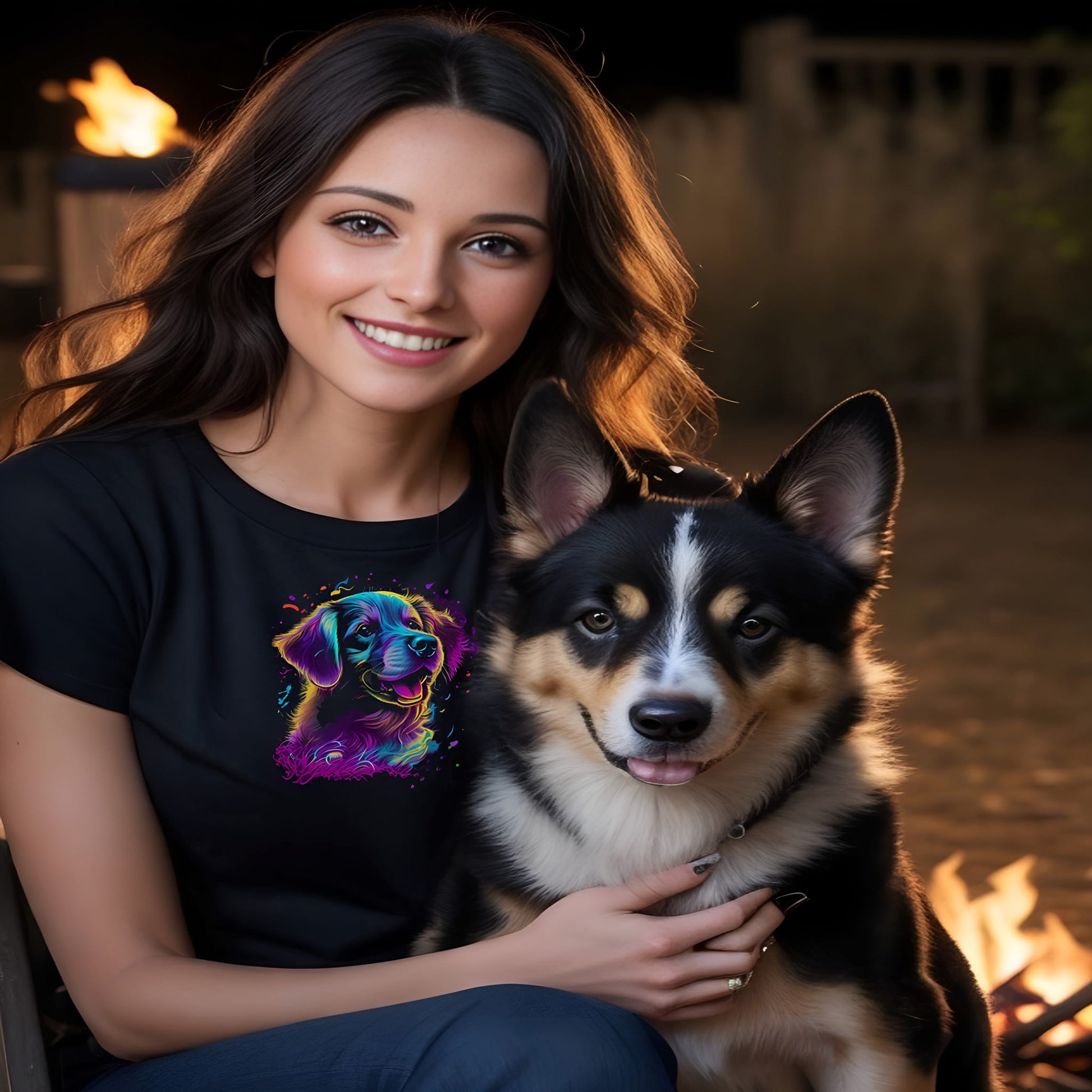 Women sitting by a fire, with a dog. She is wearing a Black unisex crew neck short sleeved t-shirt, showcasing a cute Labrador dog face in neon vibrant colors