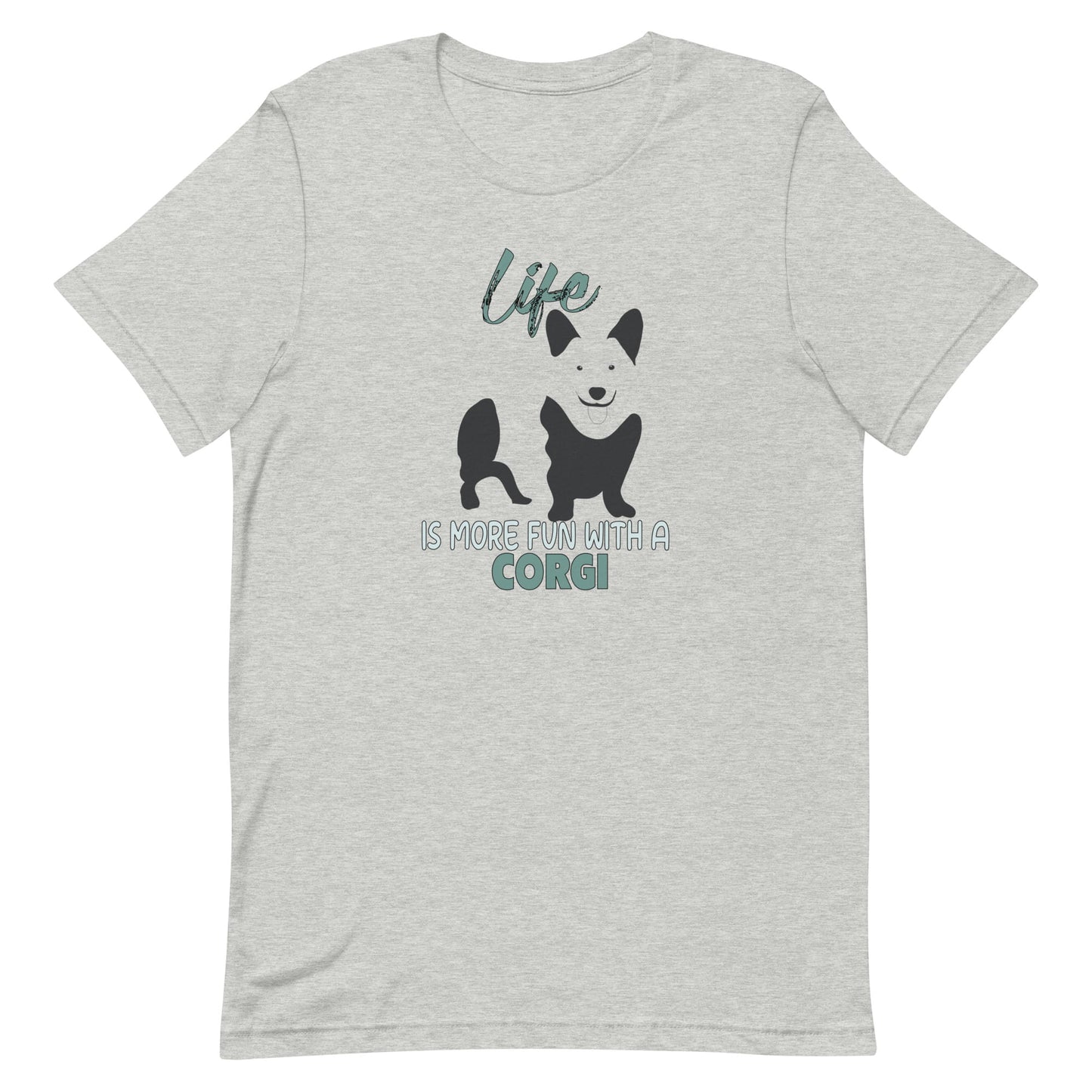 Gray crew neck short sleeved t-shirt, feature a graphic black/white hand-drawn standing Corgi.
