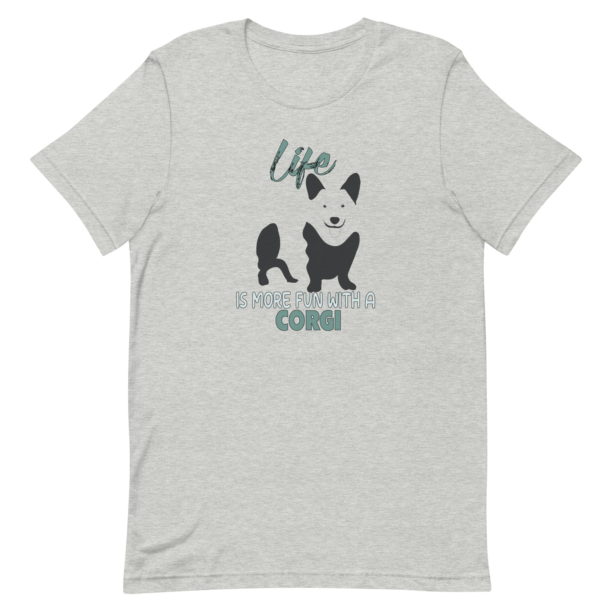 Gray crew neck short sleeved t-shirt, feature a graphic black/white hand-drawn standing Corgi.