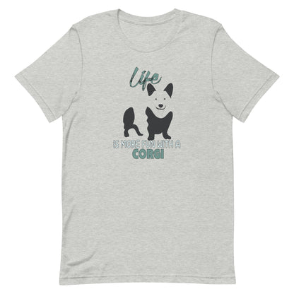 Gray crew neck short sleeved t-shirt, feature a graphic black/white hand-drawn standing Corgi.