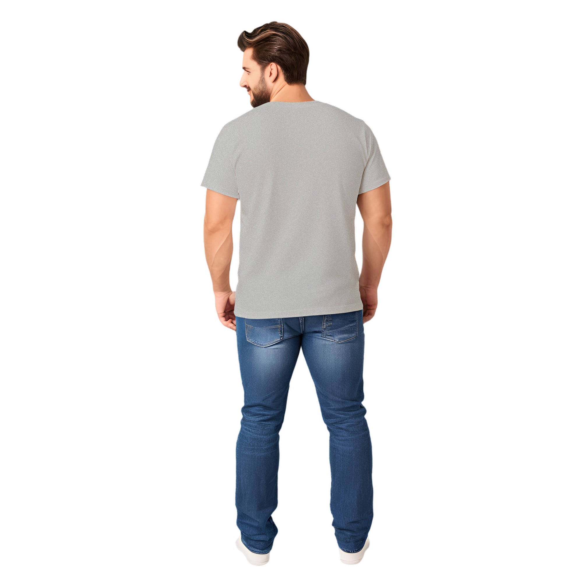 Gray crew neck short sleeved t-shirt, feature a graphic black/white hand-drawn standing Corgi. man back