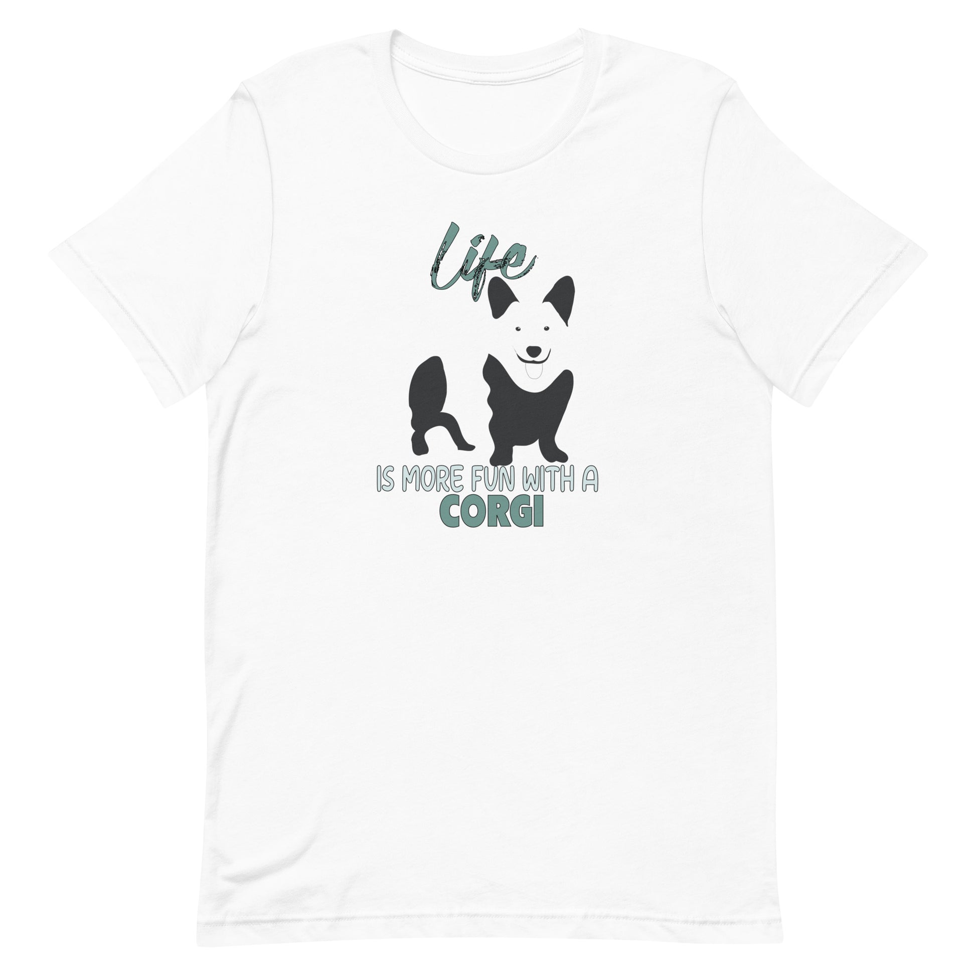 White crew neck short sleeved t-shirt, feature a graphic black/white hand-drawn standing Corgi.