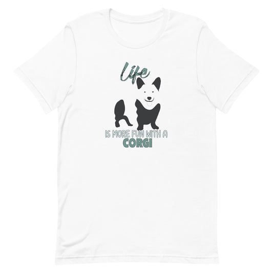 White crew neck short sleeved t-shirt, feature a graphic black/white hand-drawn standing Corgi.