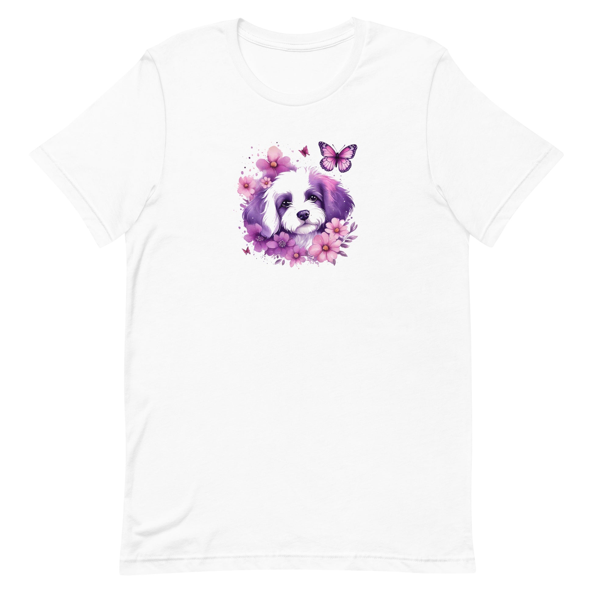 White crew neck short sleeved t-shirt, feature a cute Maltese puppy face, in nestle butterflies and floral garden. 