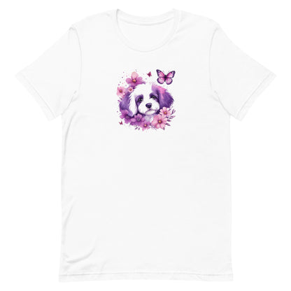 White crew neck short sleeved t-shirt, feature a cute Maltese puppy face, in nestle butterflies and floral garden. 