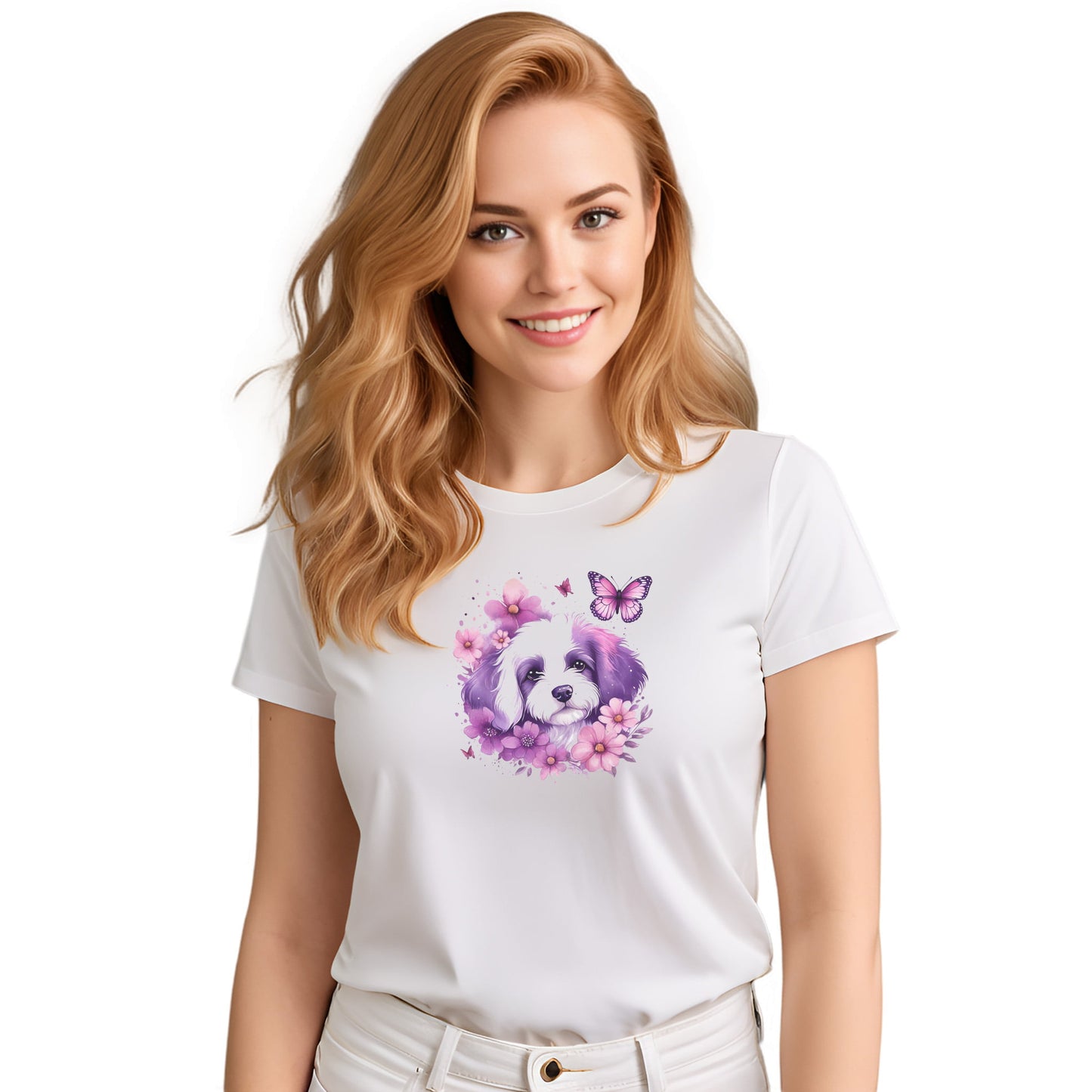White crew neck short sleeved t-shirt, feature a cute Maltese puppy face, in nestle butterflies and floral garden. Female model shown in close-up to highlight print and fit.