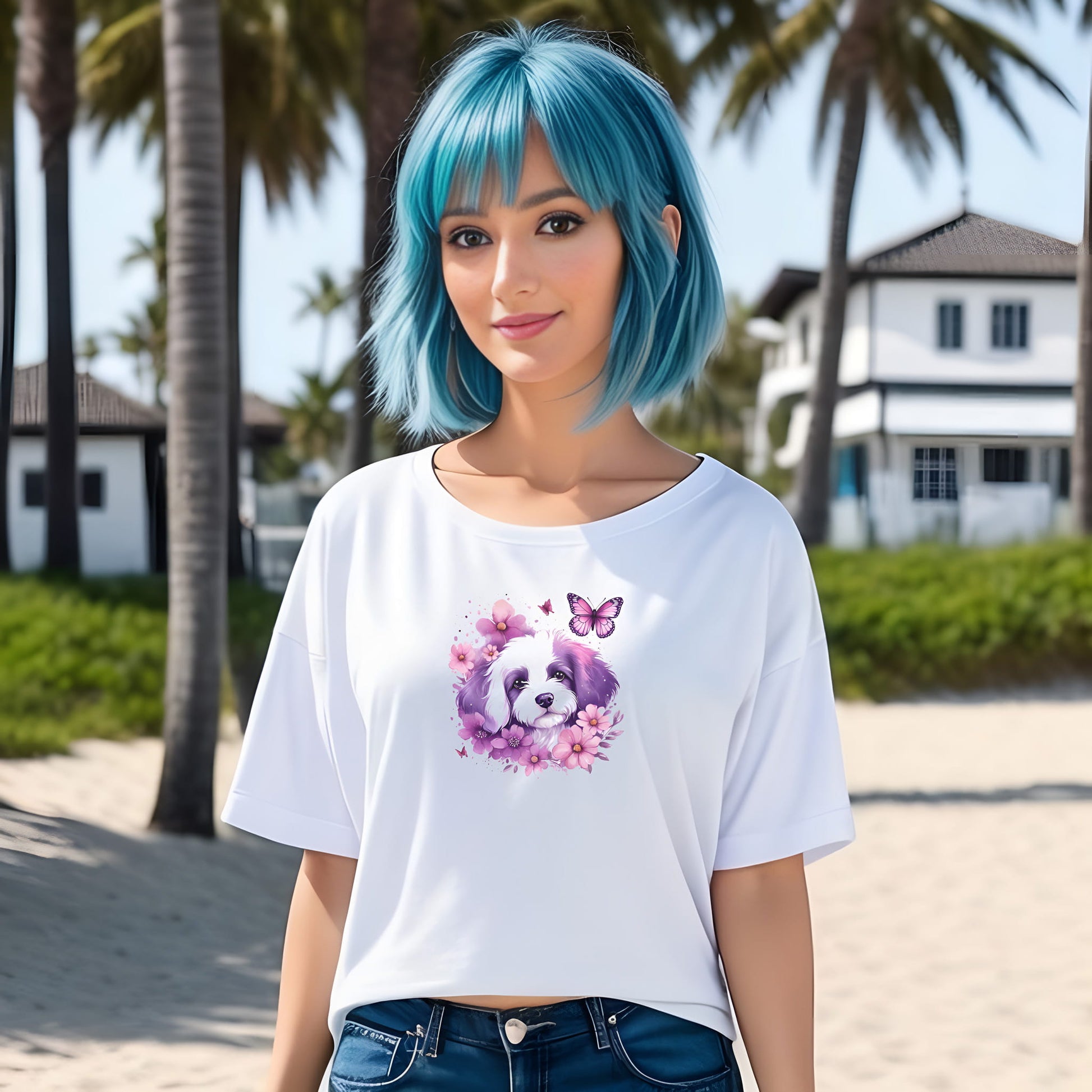 Women standing on a beach, wearing a white crew neck short sleeved t-shirt, feature a cute Maltese puppy face, in nestle butterflies and floral garden. 