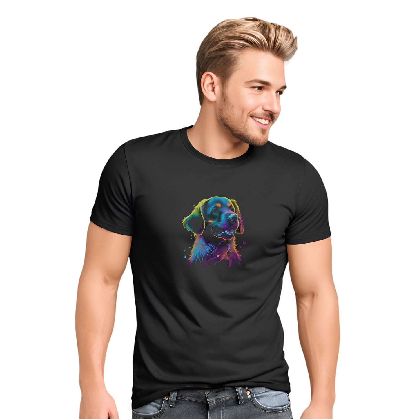 Black unisex crew neck short sleeved t-shirt, Feature a cute Golden Retriever dog face in vibrant neon palette. Male model shown in close-up to highlight print and fit.