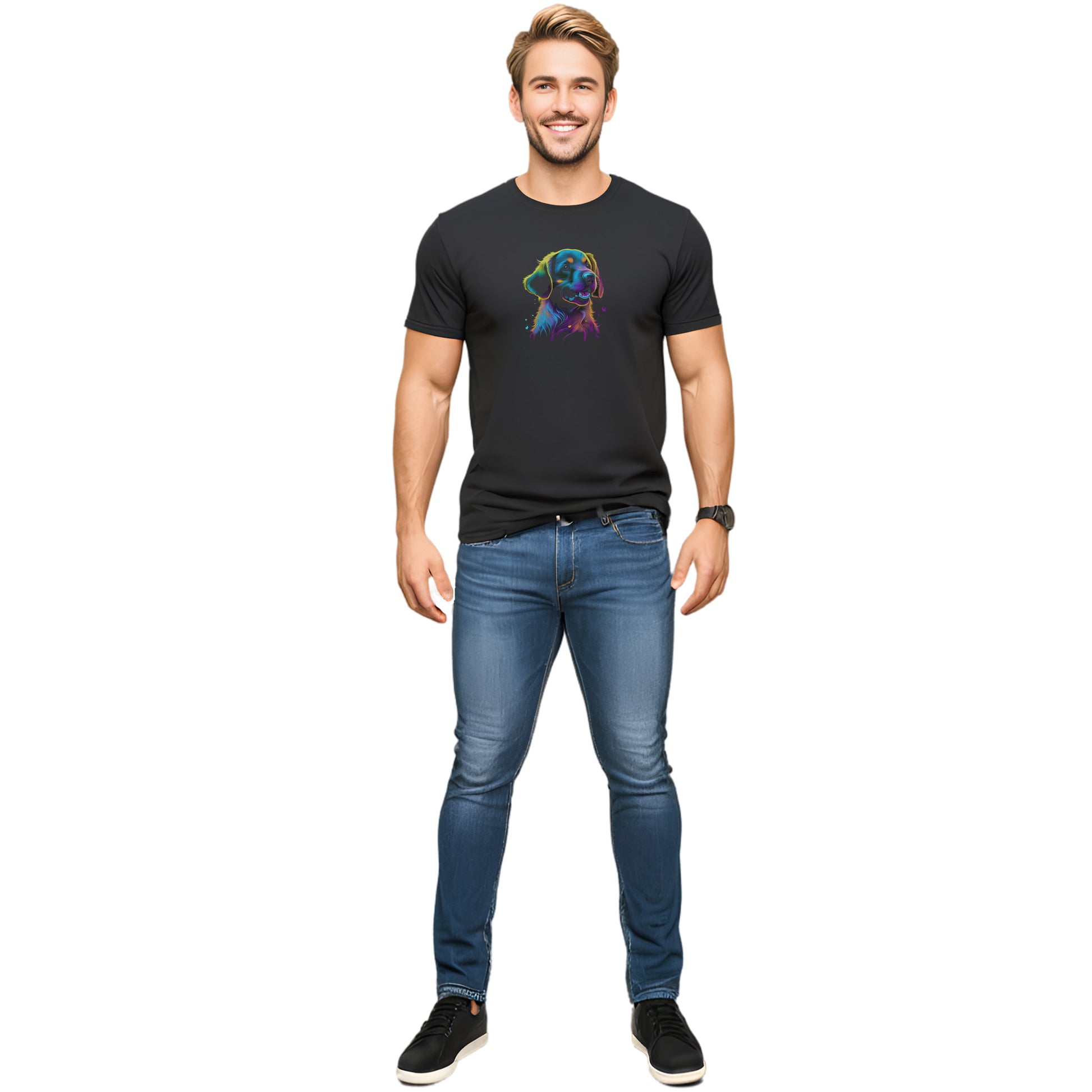 Black unisex crew neck short sleeved t-shirt, Feature a cute Golden Retriever dog face in vibrant neon palette. Male model shown in close-up to highlight print and fit.
