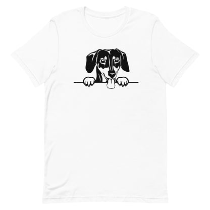White crew neck short sleeved t-shirt, feature a cute one-line hand- drawn black/white graphic Dachshund dog face, resting paws on the table.