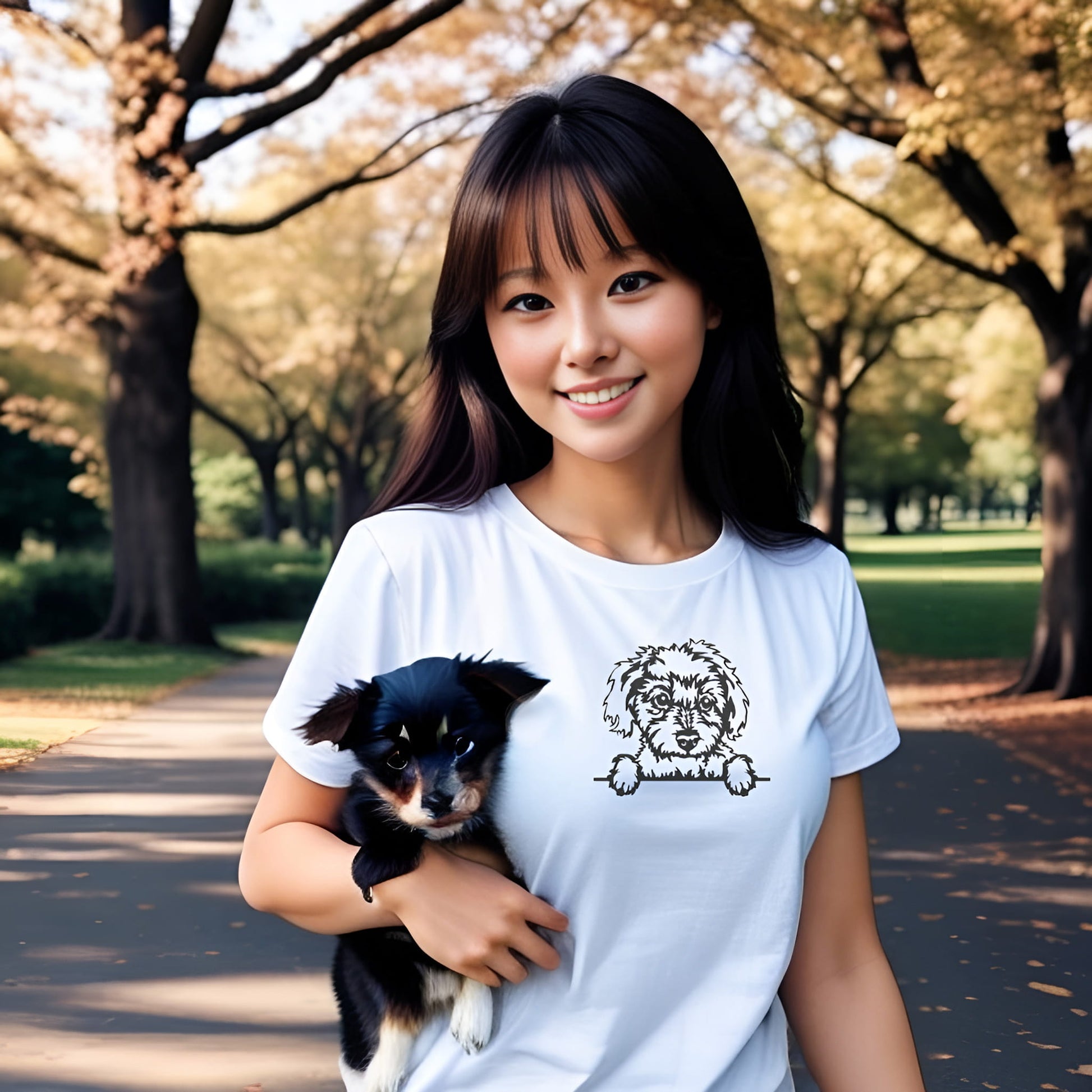 Young women holding a maltese puppy, standing in a park. She is wearing a white crew neck short sleeved t-shirt. Feature a charming black and white one-line graphic of a Maltese dog face with paws on the table.