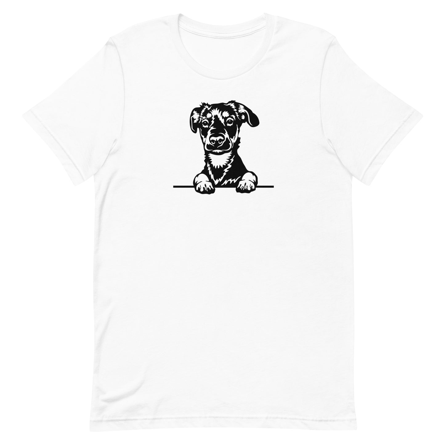 White crew neck short sleeved t-shirt. Featuring a black and white hand-drawn one-line graphic adorable Rottweiler puppy dog face, resting its paws on a table. 