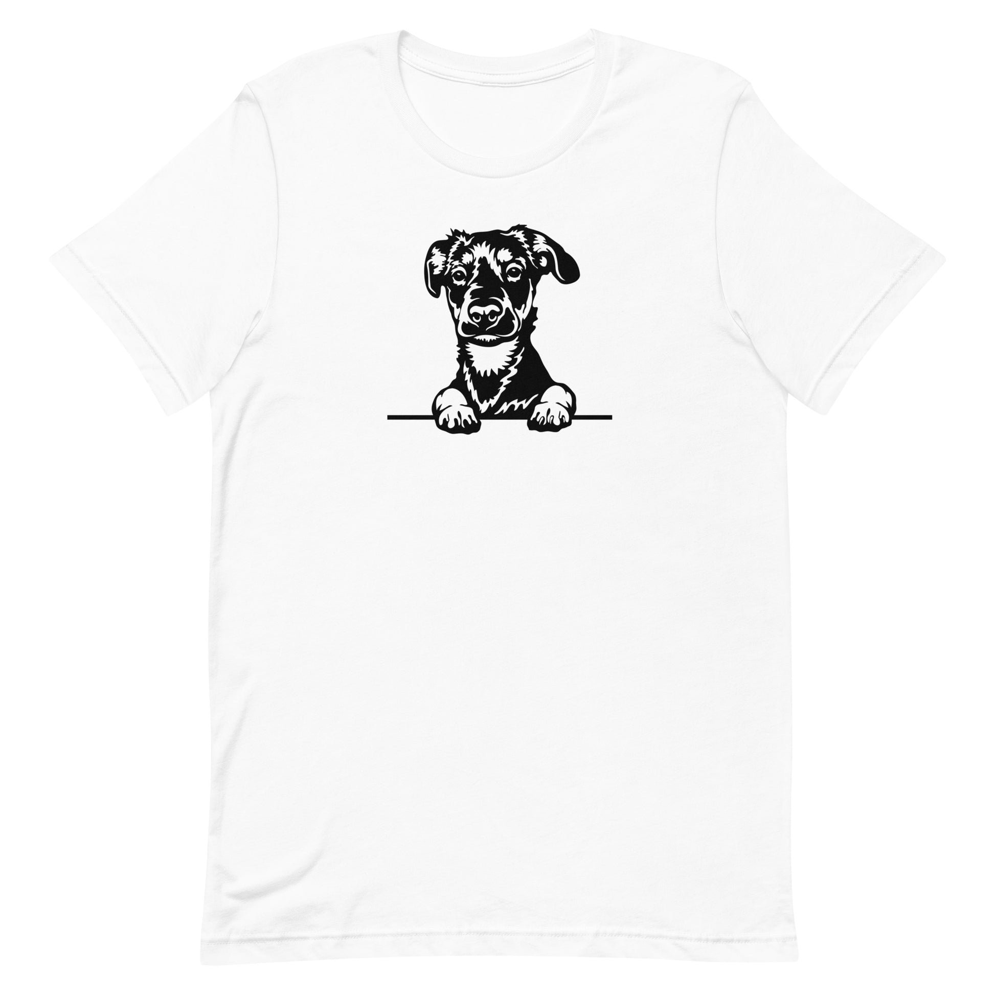 White crew neck short sleeved t-shirt. Featuring a black and white hand-drawn one-line graphic adorable Rottweiler puppy dog face, resting its paws on a table. 