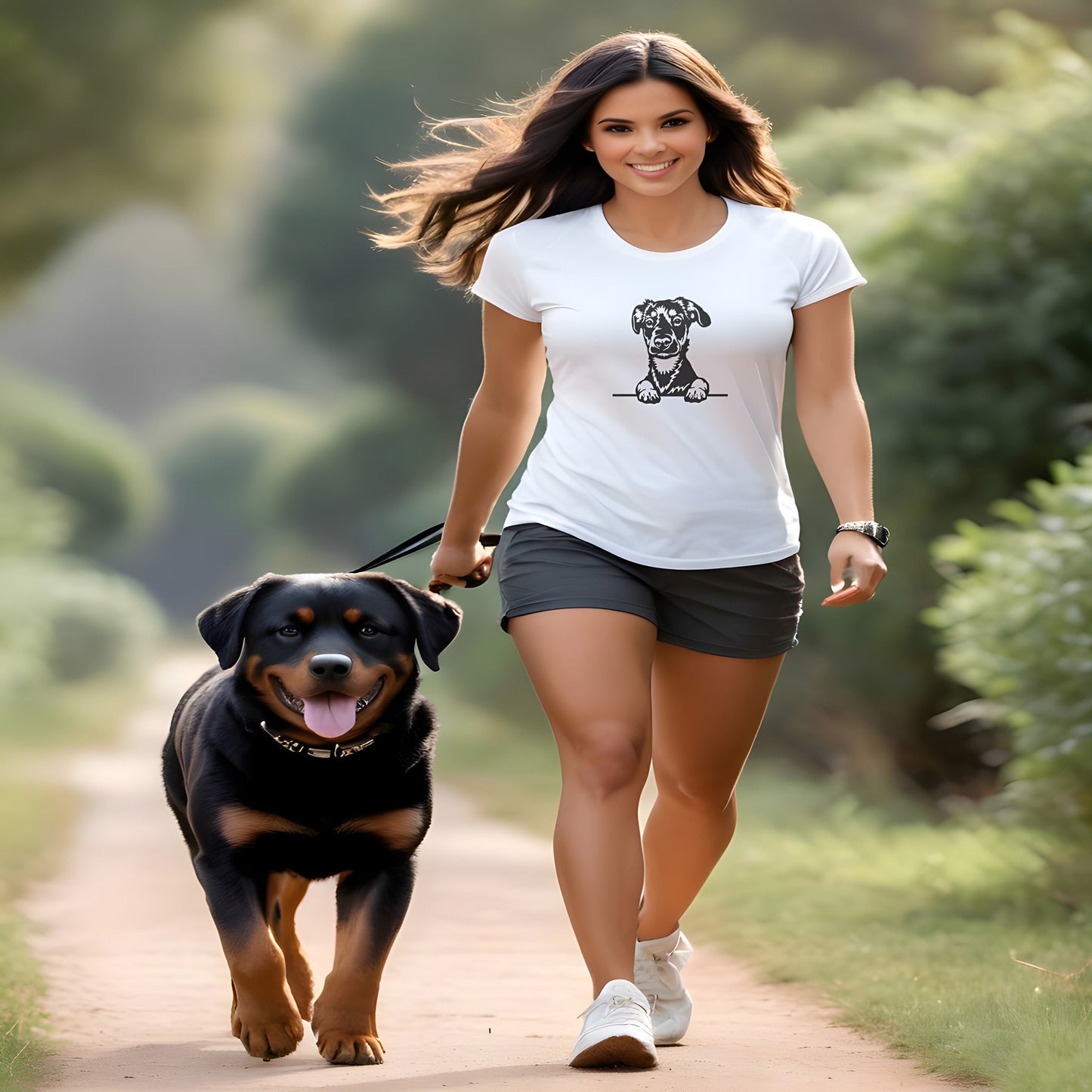 Women walking at a forest path, with a tongue out Rottweiler in leash. she is wearing a white crew neck short sleeved t-shirt. Featuring a black and white hand-drawn one-line graphic adorable Rottweiler puppy dog face, resting its paws on a table.