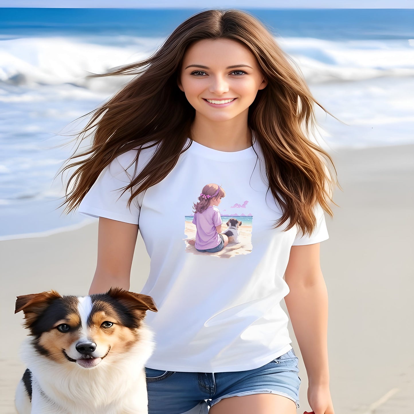 Women walking on a beach, with a dog. she is wearing a white crew neck short sleeved t-shirt ,feature a watercolor hand-drawn illustration of a girl and her adorable puppy, frolicking on a beach vista against an ocean backdrop.
