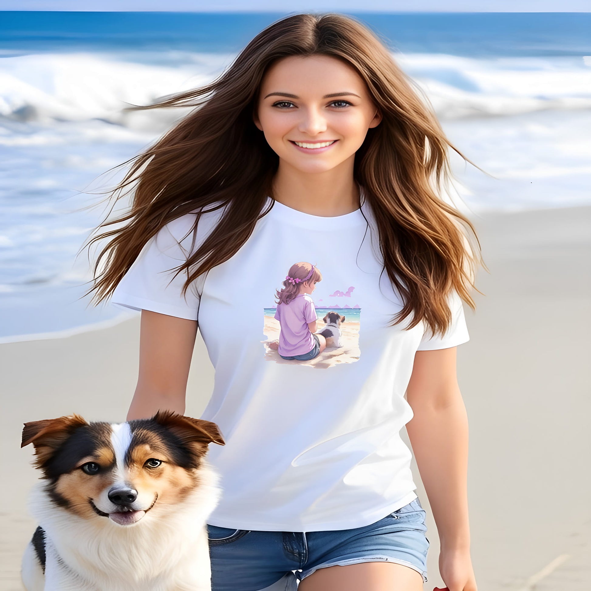 Women walking on a beach, with a dog. she is wearing a white crew neck short sleeved t-shirt ,feature a watercolor hand-drawn illustration of a girl and her adorable puppy, frolicking on a beach vista against an ocean backdrop.